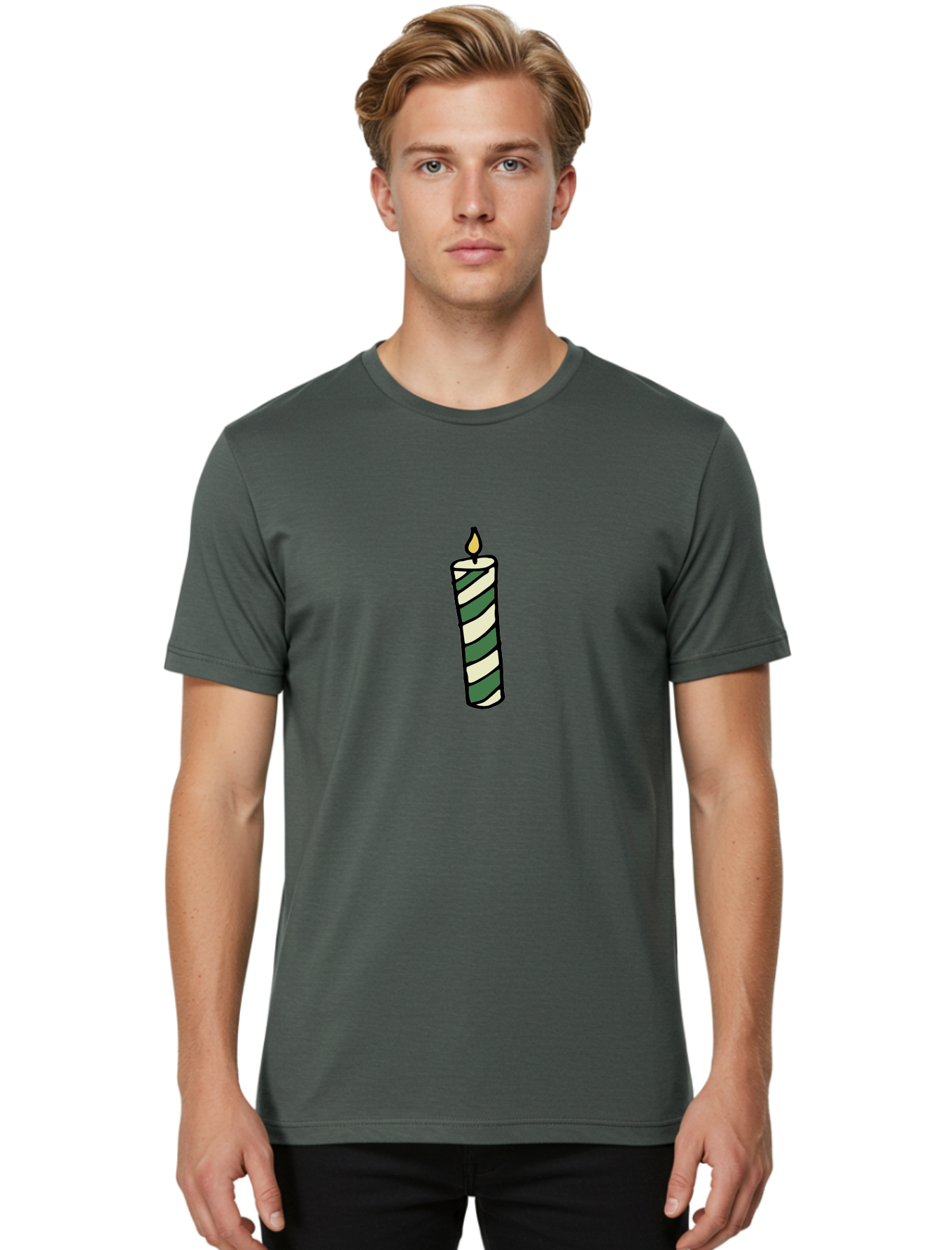 Candle-1 Men'S Graphic Tee, 100% Cotton, Comfortable Casual Summer Wear, Machine Washable, Striped Candle, Lit Candle, Decorative Candle, Green And White Stripes, Black Outline, Warm Lighting, Cozy Ambiance, Relaxation, Ambiance, -  Aaa774