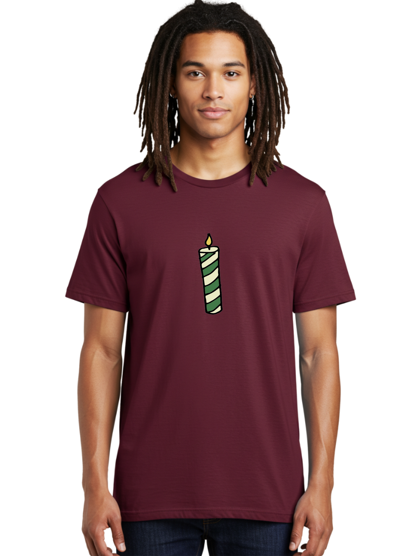 Candle-1 Men'S Graphic Tee, 100% Cotton, Comfortable Casual Summer Wear, Machine Washable, Striped Candle, Lit Candle, Decorative Candle, Green And White Stripes, Black Outline, Warm Lighting, Cozy Ambiance, Relaxation, Ambiance, -  Aaa774