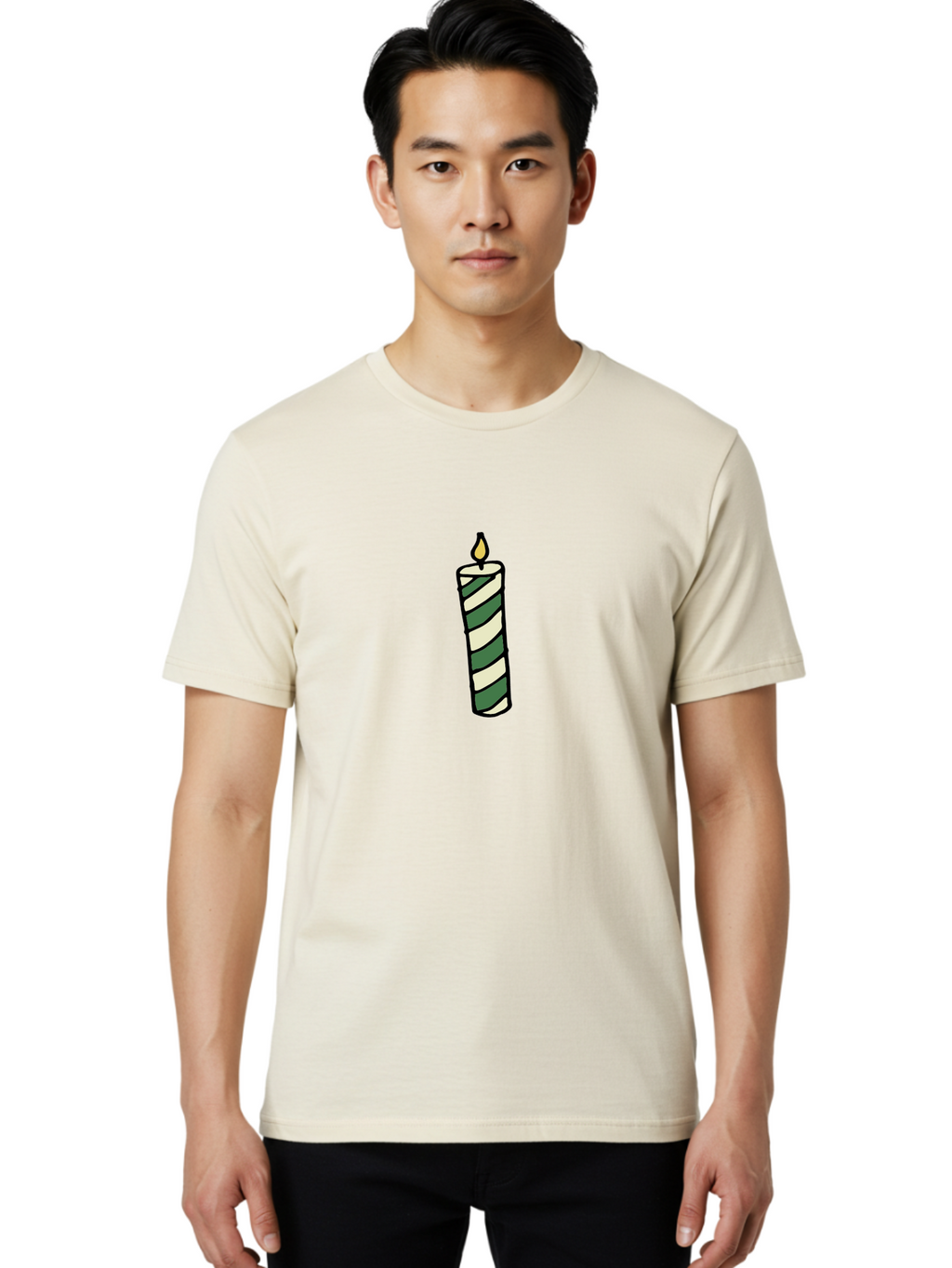 Candle-1 Men'S Graphic Tee, 100% Cotton, Comfortable Casual Summer Wear, Machine Washable, Striped Candle, Lit Candle, Decorative Candle, Green And White Stripes, Black Outline, Warm Lighting, Cozy Ambiance, Relaxation, Ambiance, -  Aaa774