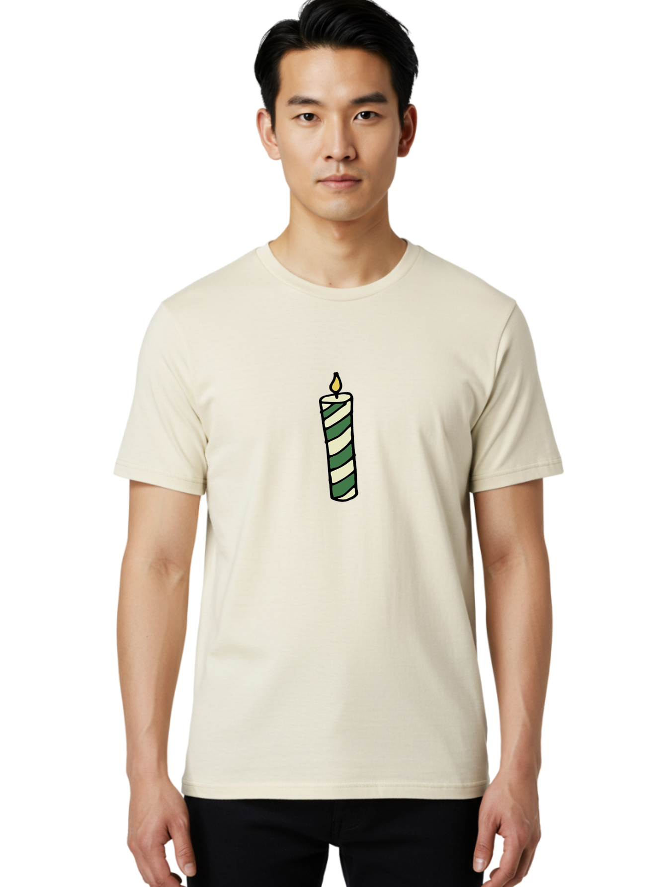 Candle-1 Men'S Graphic Tee, 100% Cotton, Comfortable Casual Summer Wear, Machine Washable, Striped Candle, Lit Candle, Decorative Candle, Green And White Stripes, Black Outline, Warm Lighting, Cozy Ambiance, Relaxation, Ambiance, -  Aaa774