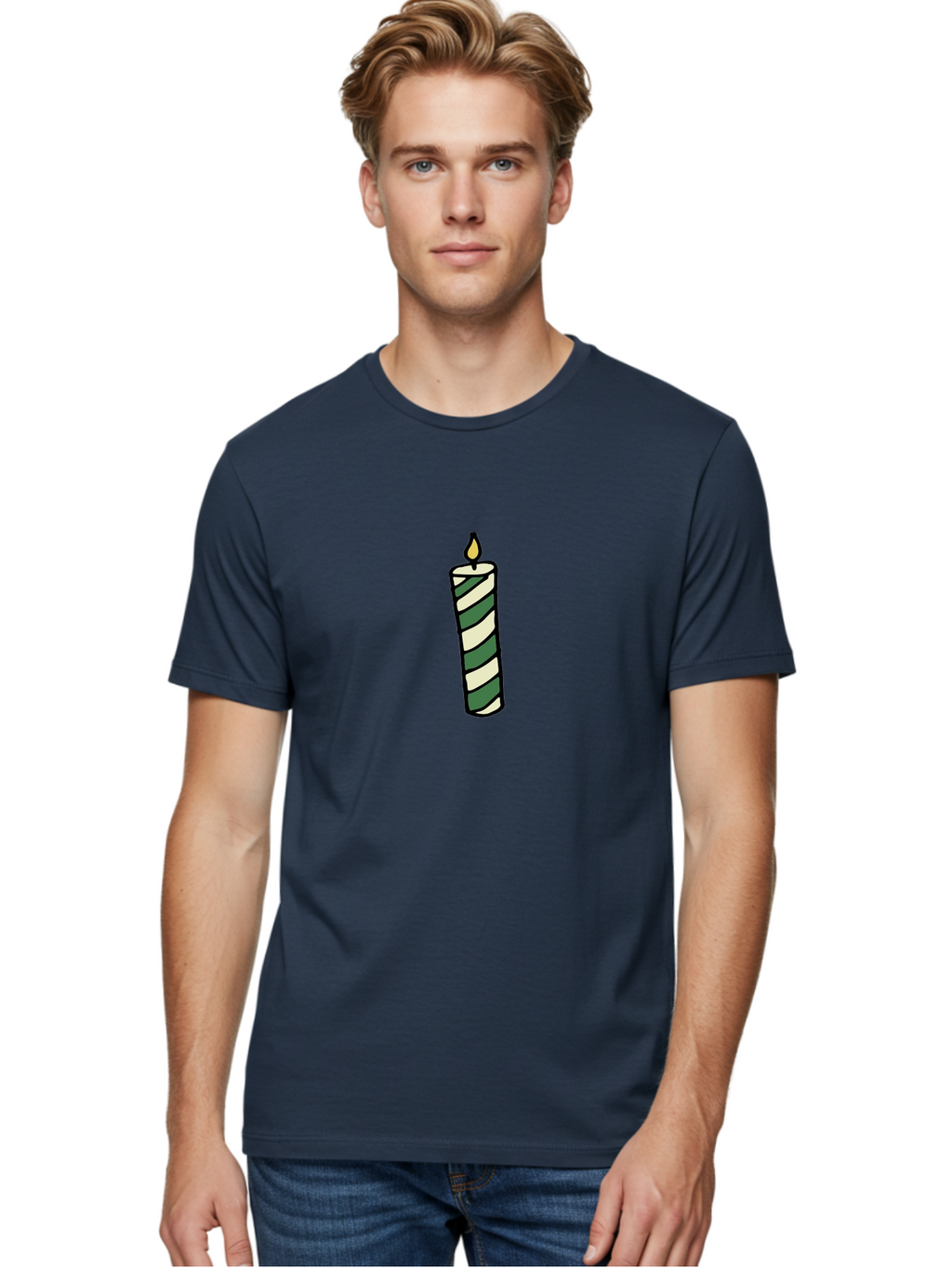 Candle-1 Men'S Graphic Tee, 100% Cotton, Comfortable Casual Summer Wear, Machine Washable, Striped Candle, Lit Candle, Decorative Candle, Green And White Stripes, Black Outline, Warm Lighting, Cozy Ambiance, Relaxation, Ambiance, -  Aaa774