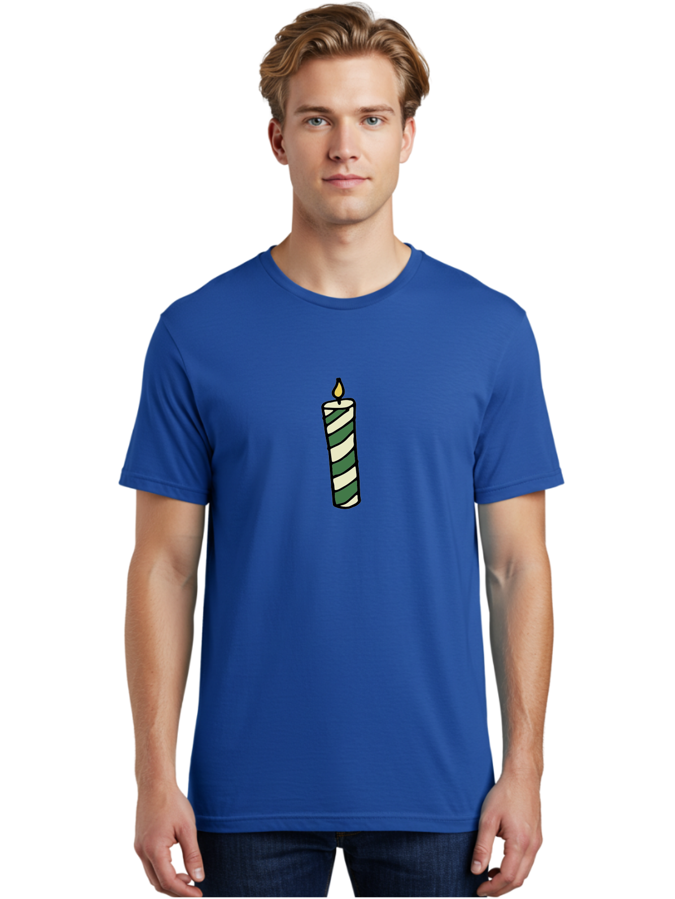 Candle-1 Men'S Graphic Tee, 100% Cotton, Comfortable Casual Summer Wear, Machine Washable, Striped Candle, Lit Candle, Decorative Candle, Green And White Stripes, Black Outline, Warm Lighting, Cozy Ambiance, Relaxation, Ambiance, -  Aaa774