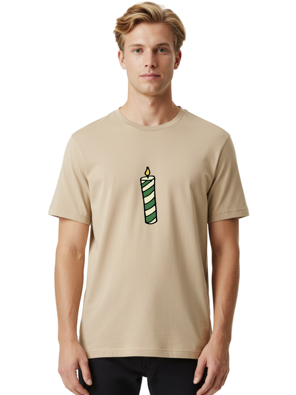 Candle-1 Men'S Graphic Tee, 100% Cotton, Comfortable Casual Summer Wear, Machine Washable, Striped Candle, Lit Candle, Decorative Candle, Green And White Stripes, Black Outline, Warm Lighting, Cozy Ambiance, Relaxation, Ambiance, -  Aaa774