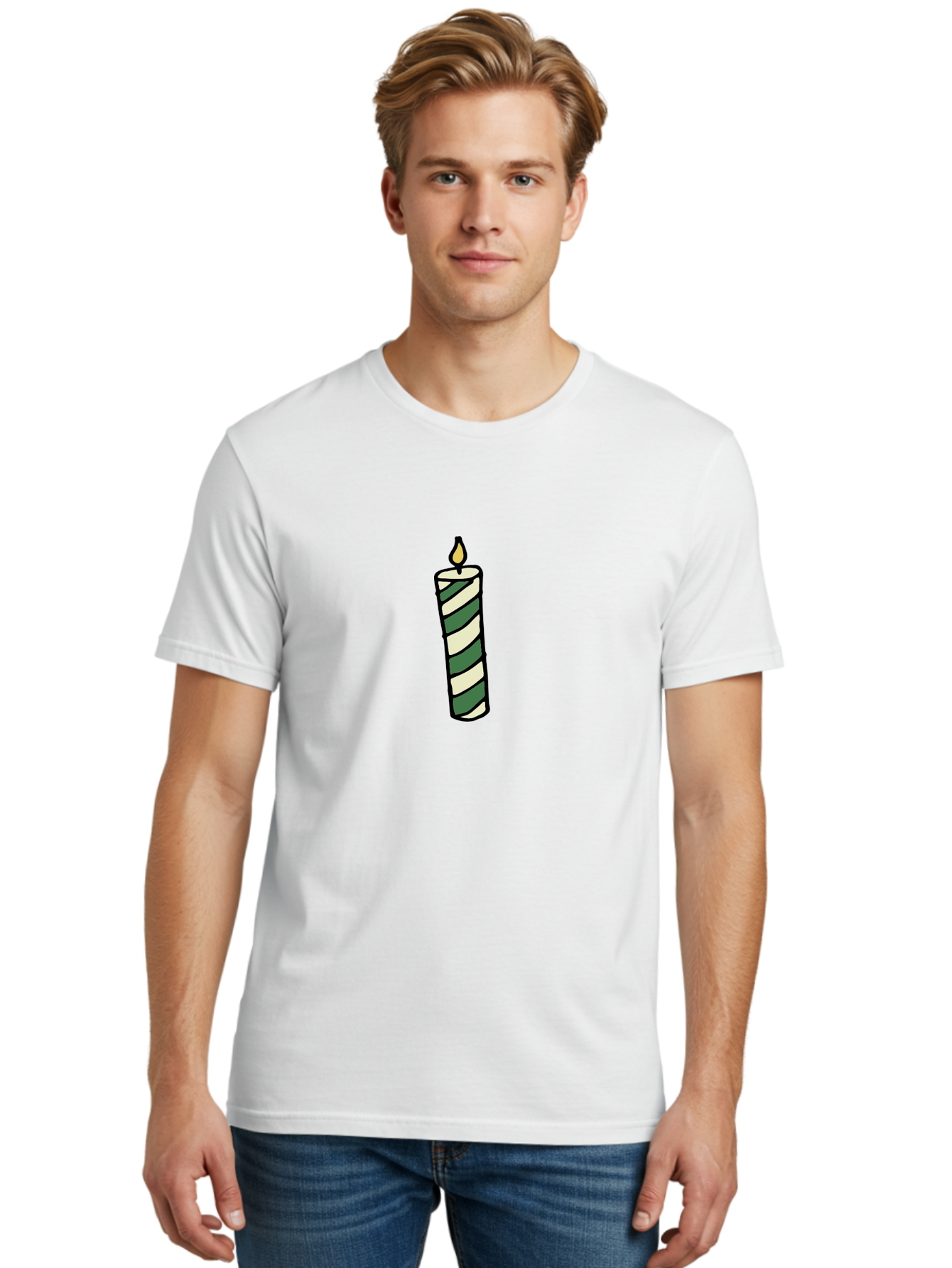 Candle-1 Men'S Graphic Tee, 100% Cotton, Comfortable Casual Summer Wear, Machine Washable, Striped Candle, Lit Candle, Decorative Candle, Green And White Stripes, Black Outline, Warm Lighting, Cozy Ambiance, Relaxation, Ambiance, -  Aaa774