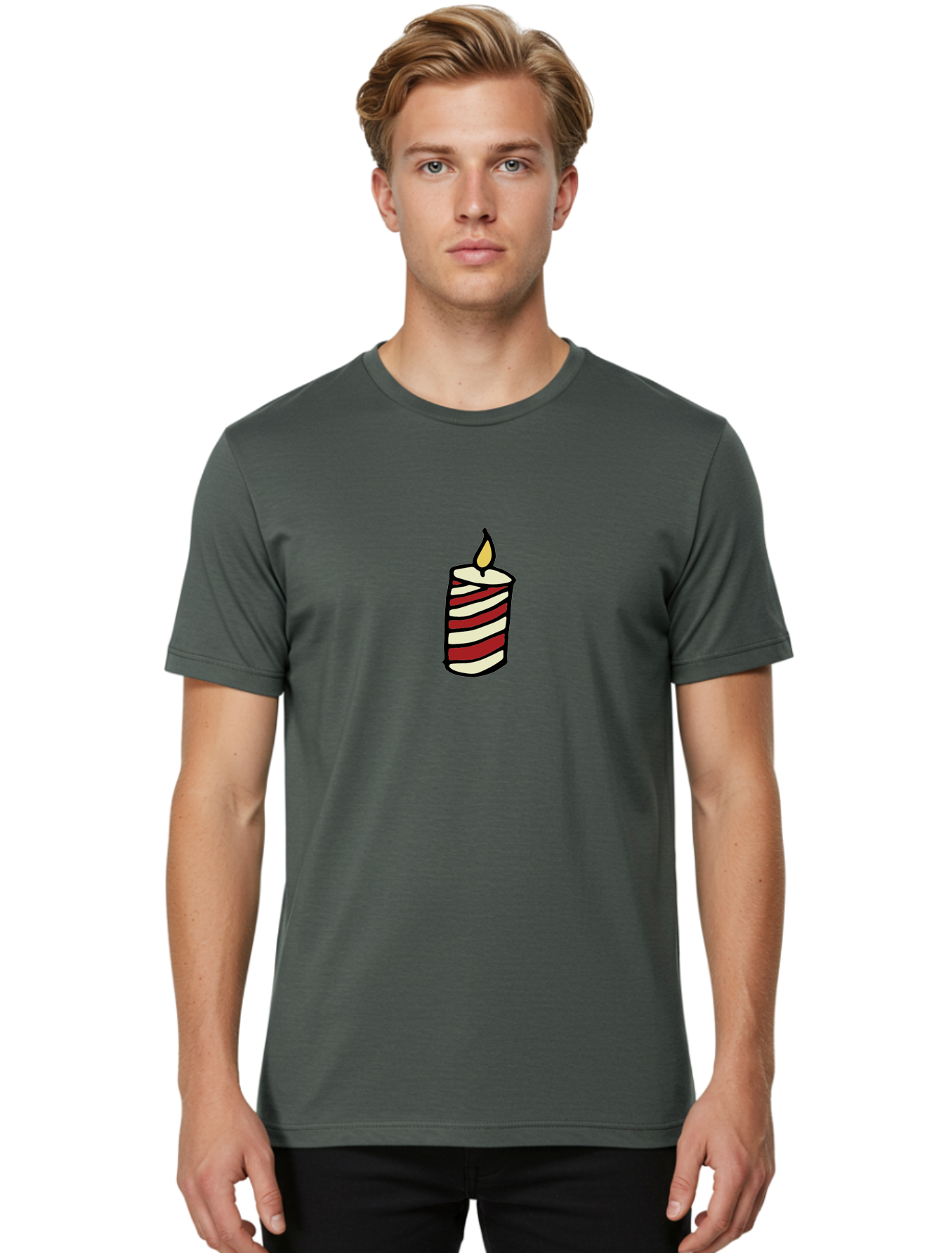 Candle Men'S Graphic Tee, 100% Cotton, Comfortable Casual Summer Wear, Machine Washable, Red And White Striped Candle, Lit Candle, Warm Ambiance, Relaxing Atmosphere, Peaceful Decor, Cozy Lighting, Simple Design -  Aaa778