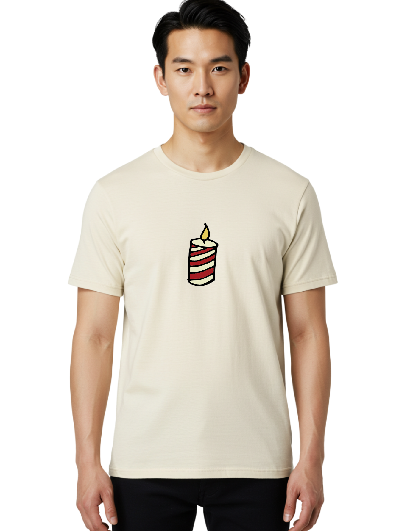 Candle Men'S Graphic Tee, 100% Cotton, Comfortable Casual Summer Wear, Machine Washable, Red And White Striped Candle, Lit Candle, Warm Ambiance, Relaxing Atmosphere, Peaceful Decor, Cozy Lighting, Simple Design -  Aaa778