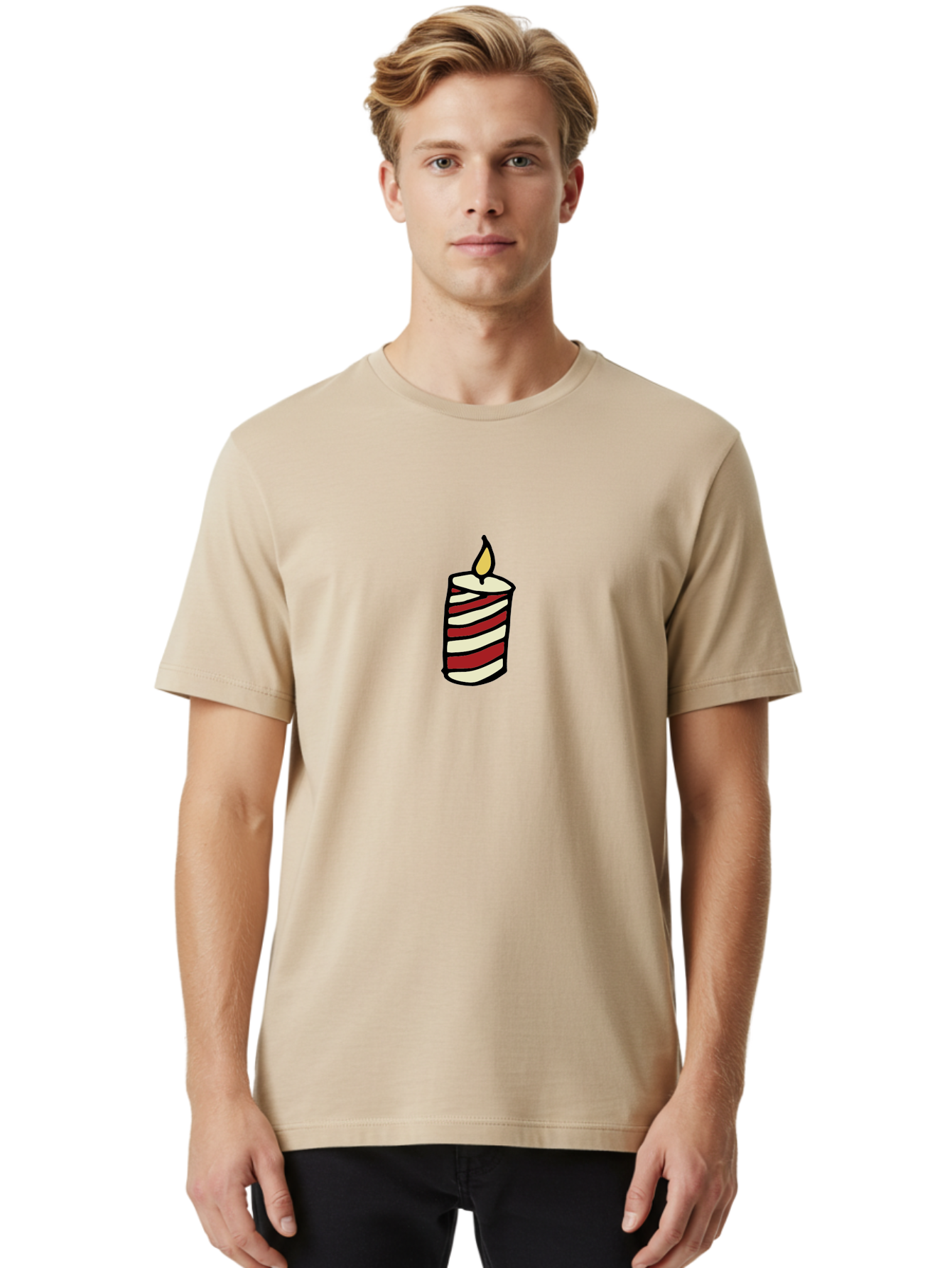 Candle Men'S Graphic Tee, 100% Cotton, Comfortable Casual Summer Wear, Machine Washable, Red And White Striped Candle, Lit Candle, Warm Ambiance, Relaxing Atmosphere, Peaceful Decor, Cozy Lighting, Simple Design -  Aaa778