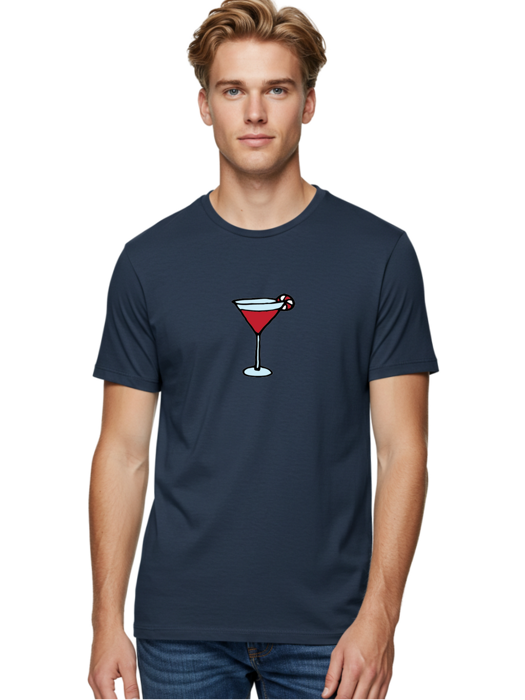 Candy-Cane-Martini-1 Men'S Graphic Tee, 100% Cotton, Comfortable Casual Summer Wear, Machine Washable, Red Martini, Candy Cane Garnish, Festive Cocktail, Holiday Drink, Sweet Treat, Christmas Party, Cocktail Hour -  Aaa781