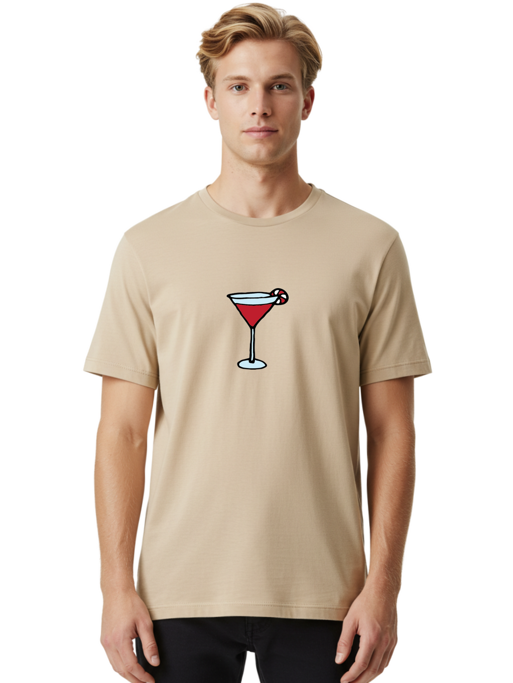 Candy-Cane-Martini-1 Men'S Graphic Tee, 100% Cotton, Comfortable Casual Summer Wear, Machine Washable, Red Martini, Candy Cane Garnish, Festive Cocktail, Holiday Drink, Sweet Treat, Christmas Party, Cocktail Hour -  Aaa781