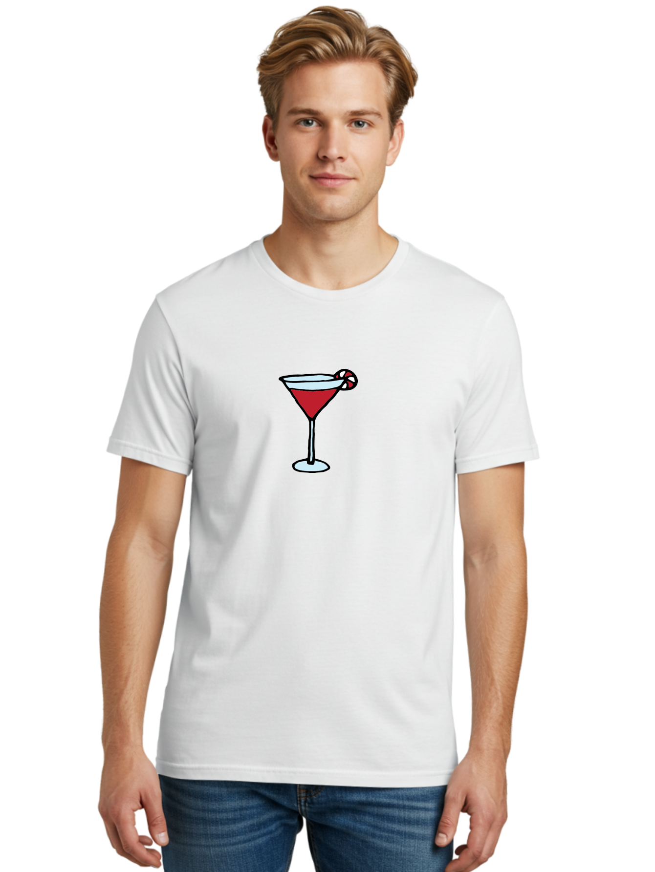 Candy-Cane-Martini-1 Men'S Graphic Tee, 100% Cotton, Comfortable Casual Summer Wear, Machine Washable, Red Martini, Candy Cane Garnish, Festive Cocktail, Holiday Drink, Sweet Treat, Christmas Party, Cocktail Hour -  Aaa781