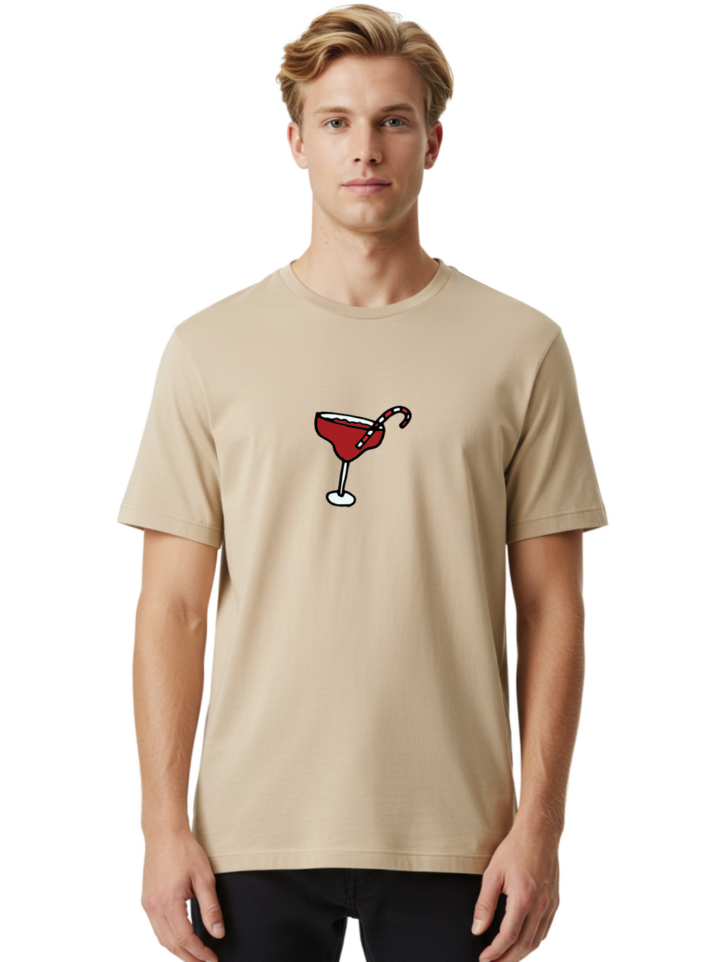 Candy-Cane-Martini Men'S Graphic Tee, 100% Cotton, Comfortable Casual Summer Wear, Machine Washable, Martini Glass, Red Cocktail, Candy Cane Garnish, Festive Drink, Holiday Party, Sweet Treat, Christmas Cocktail -  Aaa783