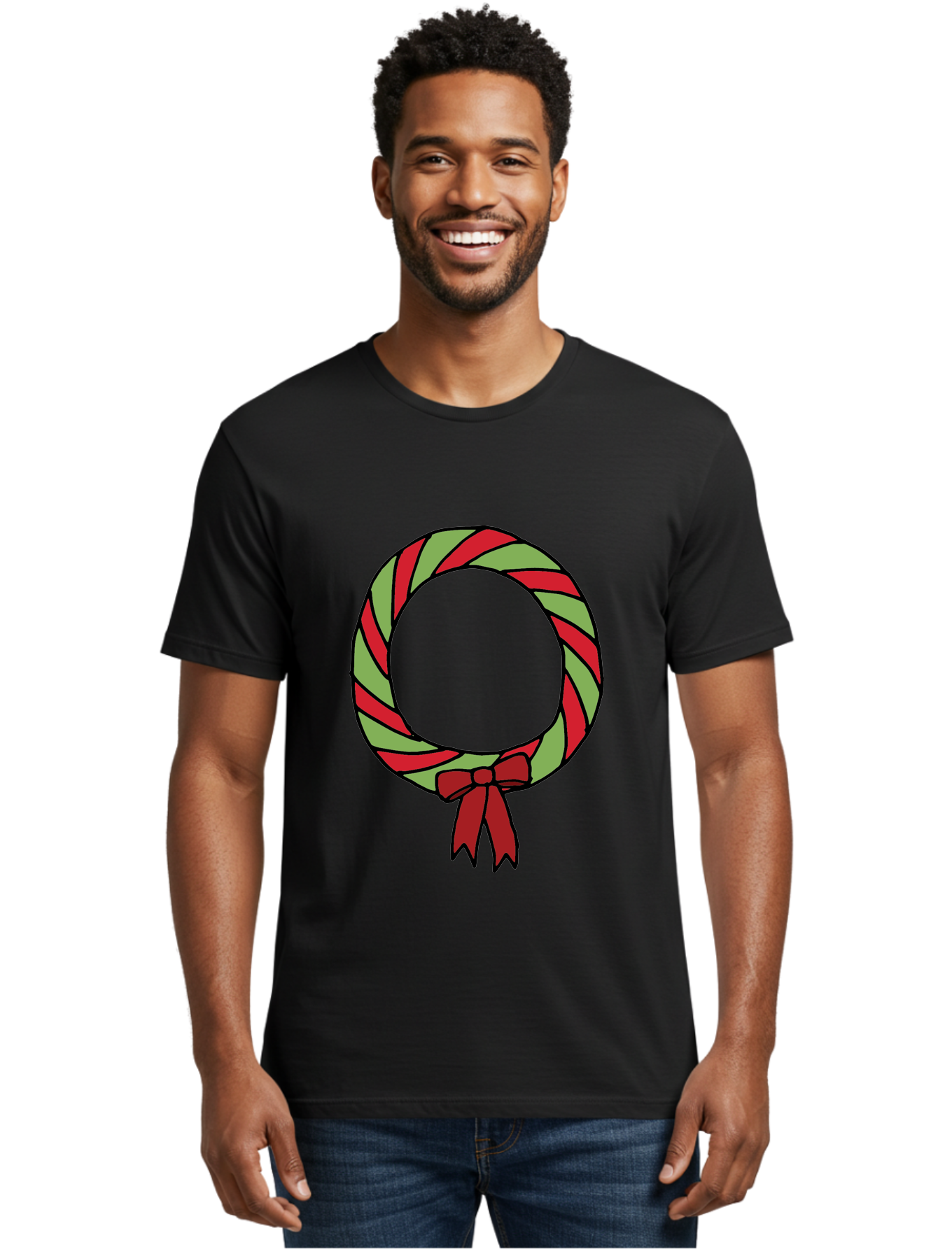 Candy-Cane-Wreath Men'S Graphic Tee, 100% Cotton, Comfortable Casual Summer Wear, Machine Washable, Candy Cane Wreath, Christmas Decoration, Red And Green Stripes, Festive Holiday Decor, Wrapped Candy Design, Ribbon Bow, Sweet Treat Theme, -  Aaa784
