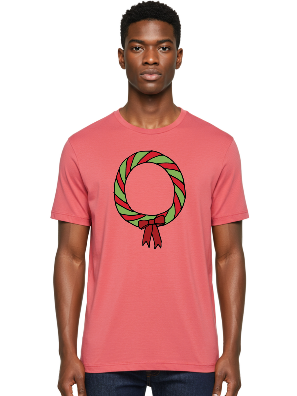 Candy-Cane-Wreath Men'S Graphic Tee, 100% Cotton, Comfortable Casual Summer Wear, Machine Washable, Candy Cane Wreath, Christmas Decoration, Red And Green Stripes, Festive Holiday Decor, Wrapped Candy Design, Ribbon Bow, Sweet Treat Theme, -  Aaa784