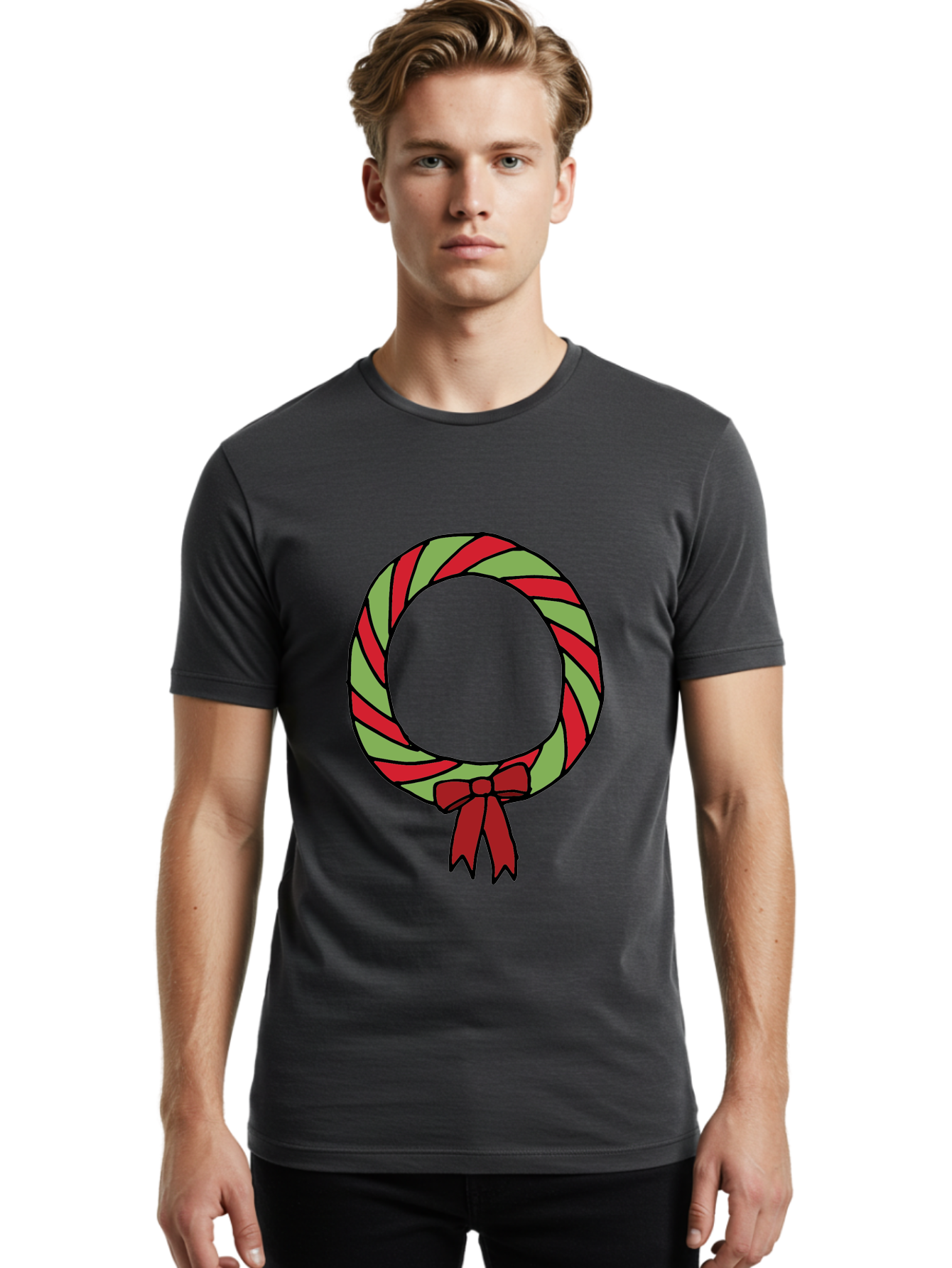 Candy-Cane-Wreath Men'S Graphic Tee, 100% Cotton, Comfortable Casual Summer Wear, Machine Washable, Candy Cane Wreath, Christmas Decoration, Red And Green Stripes, Festive Holiday Decor, Wrapped Candy Design, Ribbon Bow, Sweet Treat Theme, -  Aaa784