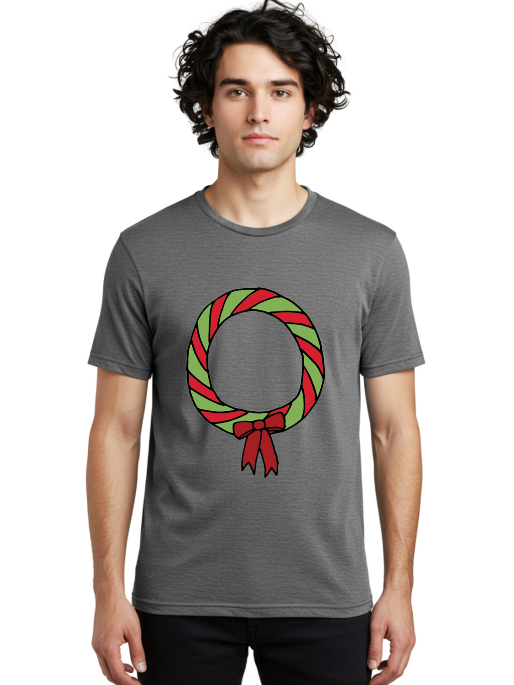 Candy-Cane-Wreath Men'S Graphic Tee, 100% Cotton, Comfortable Casual Summer Wear, Machine Washable, Candy Cane Wreath, Christmas Decoration, Red And Green Stripes, Festive Holiday Decor, Wrapped Candy Design, Ribbon Bow, Sweet Treat Theme, -  Aaa784