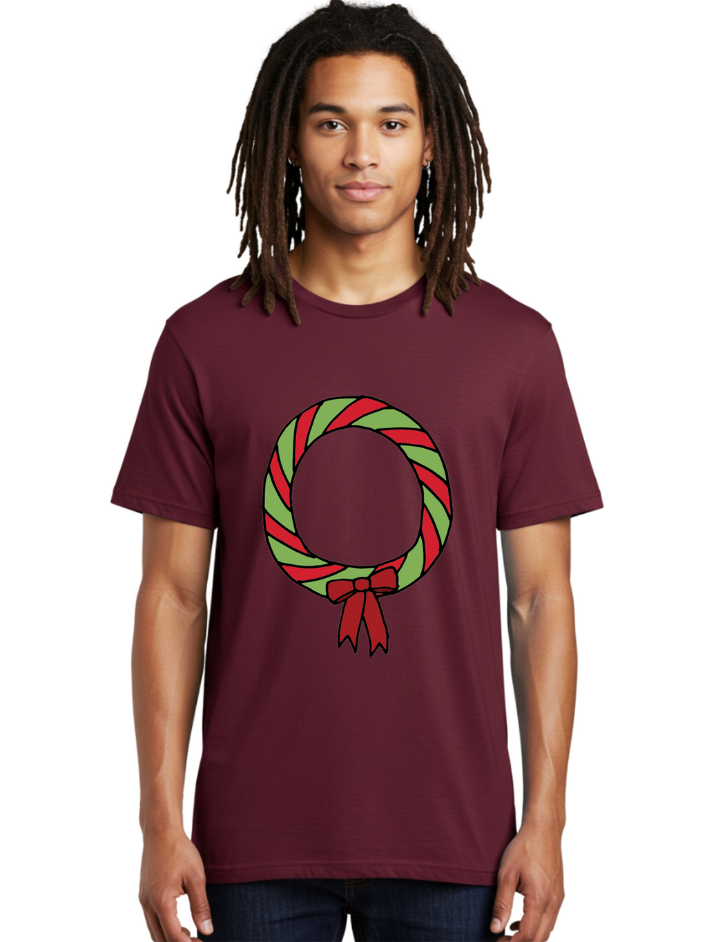 Candy-Cane-Wreath Men'S Graphic Tee, 100% Cotton, Comfortable Casual Summer Wear, Machine Washable, Candy Cane Wreath, Christmas Decoration, Red And Green Stripes, Festive Holiday Decor, Wrapped Candy Design, Ribbon Bow, Sweet Treat Theme, -  Aaa784
