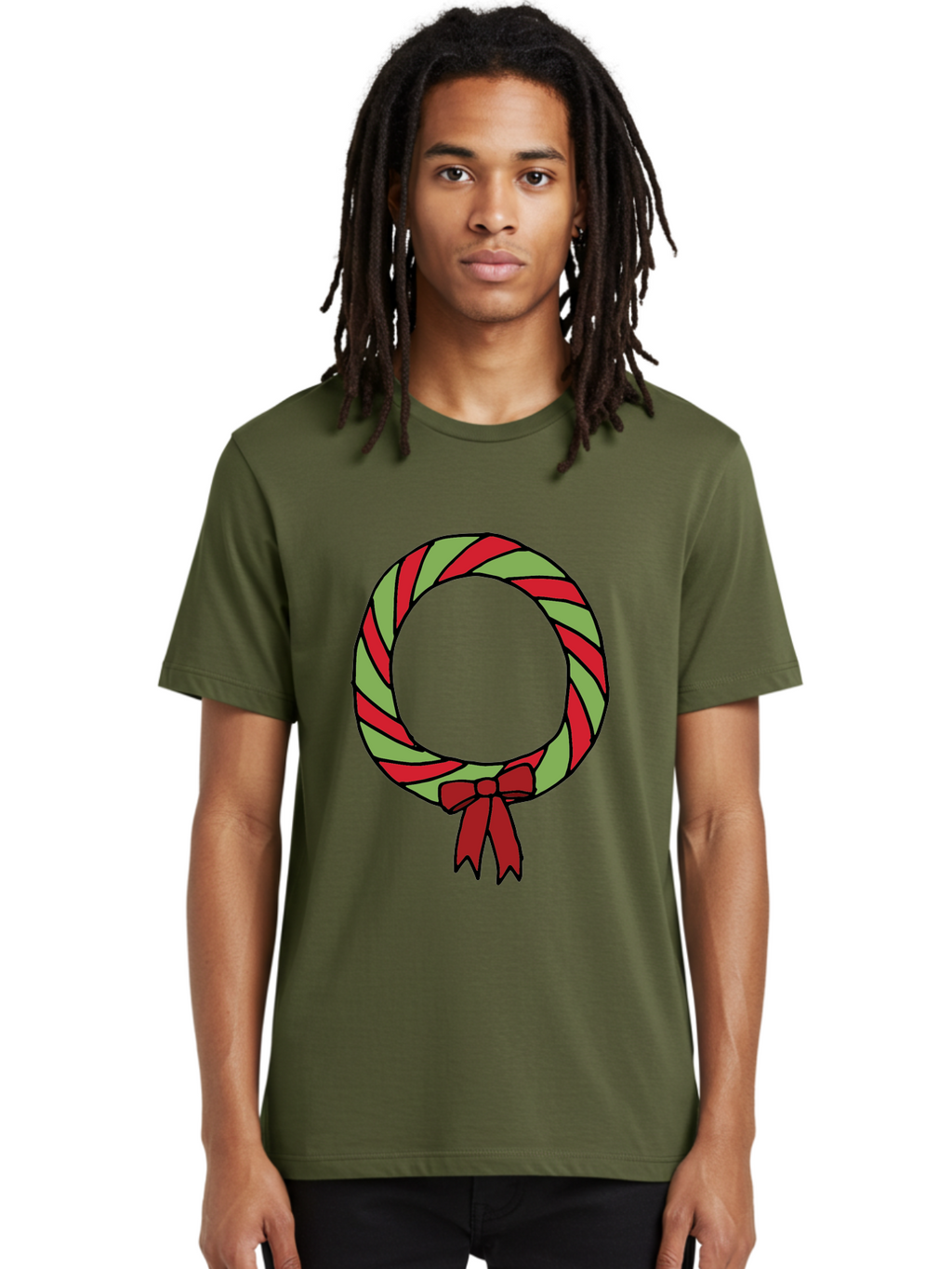 Candy-Cane-Wreath Men'S Graphic Tee, 100% Cotton, Comfortable Casual Summer Wear, Machine Washable, Candy Cane Wreath, Christmas Decoration, Red And Green Stripes, Festive Holiday Decor, Wrapped Candy Design, Ribbon Bow, Sweet Treat Theme, -  Aaa784