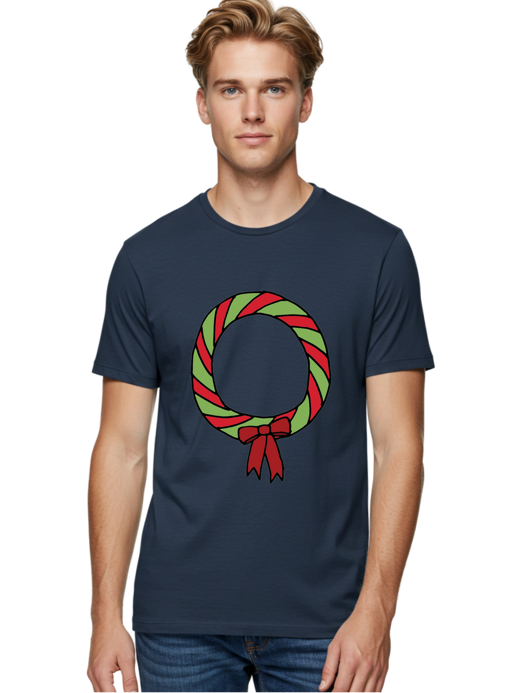 Candy-Cane-Wreath Men'S Graphic Tee, 100% Cotton, Comfortable Casual Summer Wear, Machine Washable, Candy Cane Wreath, Christmas Decoration, Red And Green Stripes, Festive Holiday Decor, Wrapped Candy Design, Ribbon Bow, Sweet Treat Theme, -  Aaa784