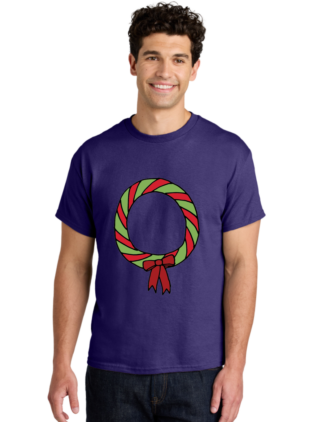 Candy-Cane-Wreath Men'S Graphic Tee, 100% Cotton, Comfortable Casual Summer Wear, Machine Washable, Candy Cane Wreath, Christmas Decoration, Red And Green Stripes, Festive Holiday Decor, Wrapped Candy Design, Ribbon Bow, Sweet Treat Theme, -  Aaa784