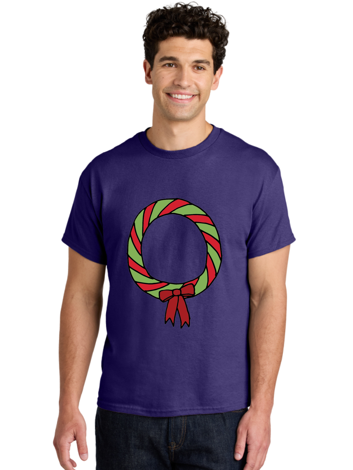 Candy-Cane-Wreath Men'S Graphic Tee, 100% Cotton, Comfortable Casual Summer Wear, Machine Washable, Candy Cane Wreath, Christmas Decoration, Red And Green Stripes, Festive Holiday Decor, Wrapped Candy Design, Ribbon Bow, Sweet Treat Theme, -  Aaa784