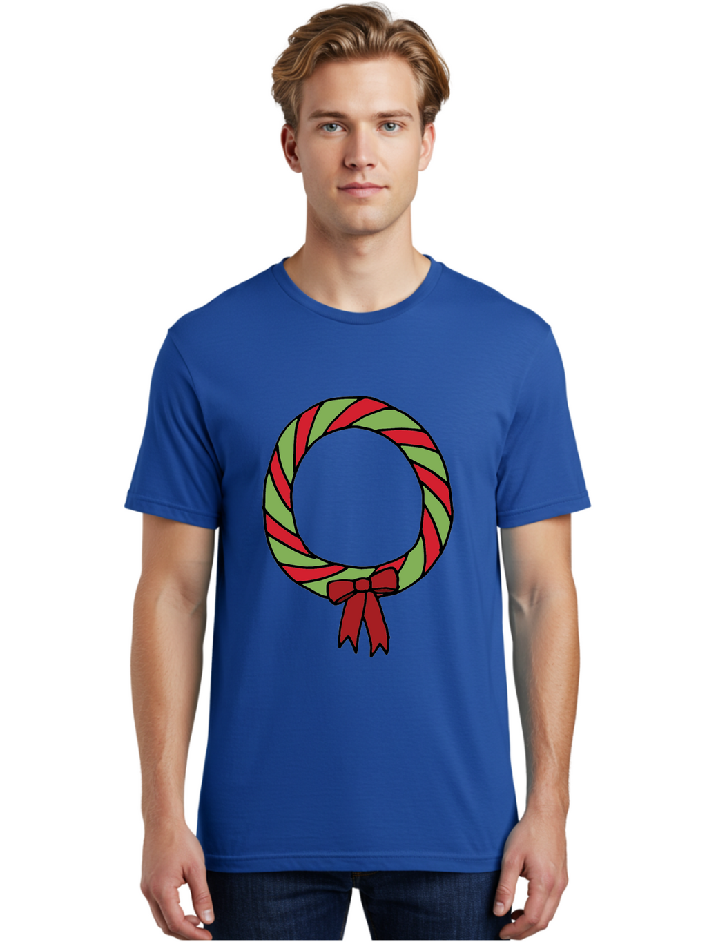 Candy-Cane-Wreath Men'S Graphic Tee, 100% Cotton, Comfortable Casual Summer Wear, Machine Washable, Candy Cane Wreath, Christmas Decoration, Red And Green Stripes, Festive Holiday Decor, Wrapped Candy Design, Ribbon Bow, Sweet Treat Theme, -  Aaa784
