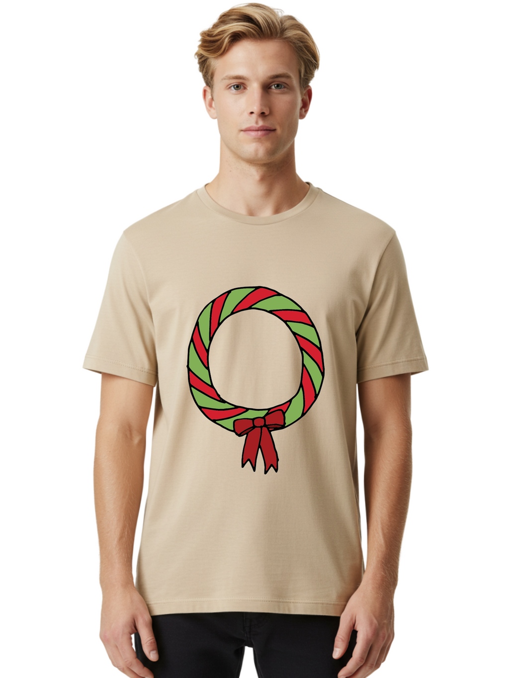 Candy-Cane-Wreath Men'S Graphic Tee, 100% Cotton, Comfortable Casual Summer Wear, Machine Washable, Candy Cane Wreath, Christmas Decoration, Red And Green Stripes, Festive Holiday Decor, Wrapped Candy Design, Ribbon Bow, Sweet Treat Theme, -  Aaa784