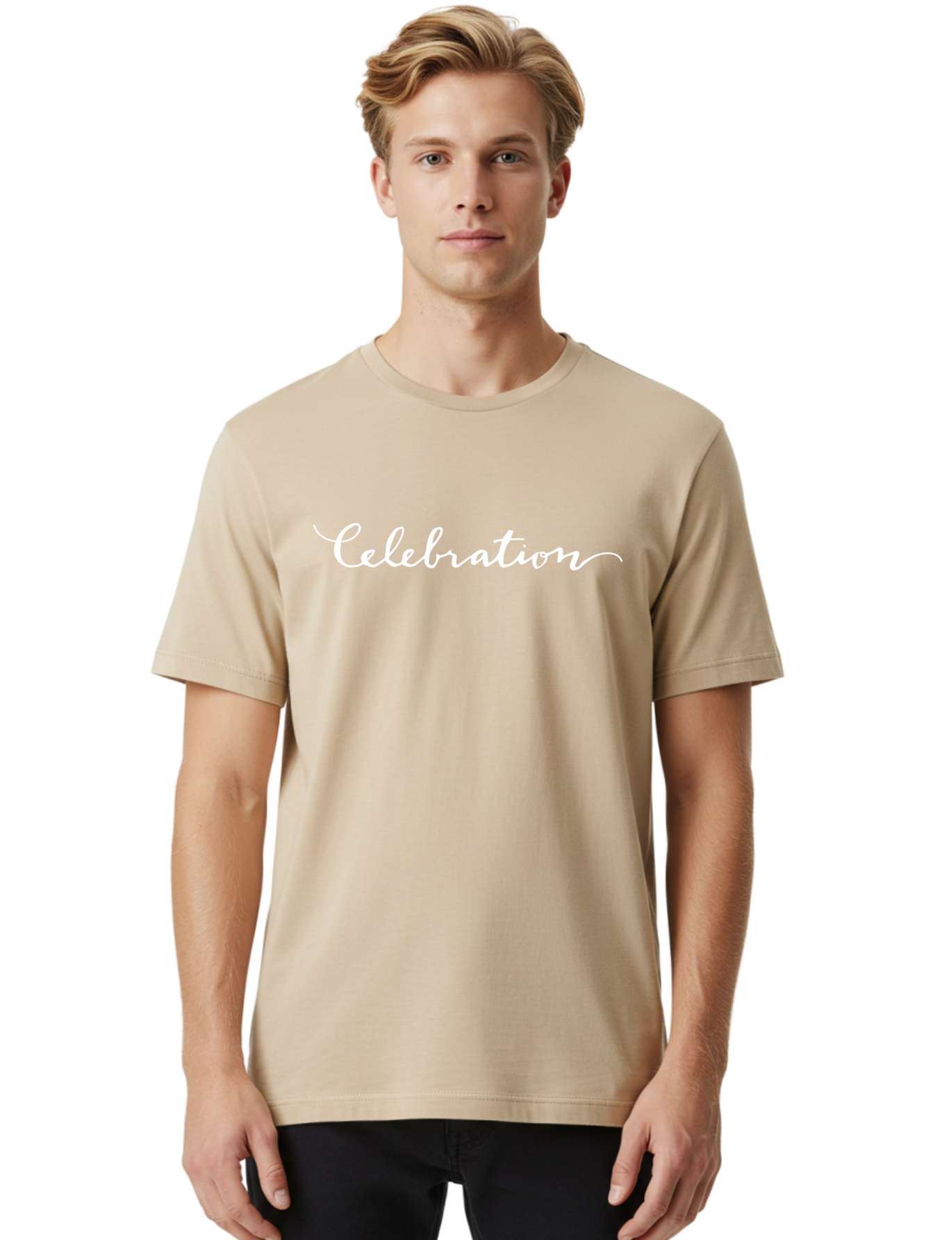 Celebration Men'S Graphic Tee, 100% Cotton, Comfortable Casual Summer Wear, Machine Washable, Party, Festive Atmosphere, Joyful Occasion, Celebration Text, White Cursive Font, Elegant Script -  Aaa792