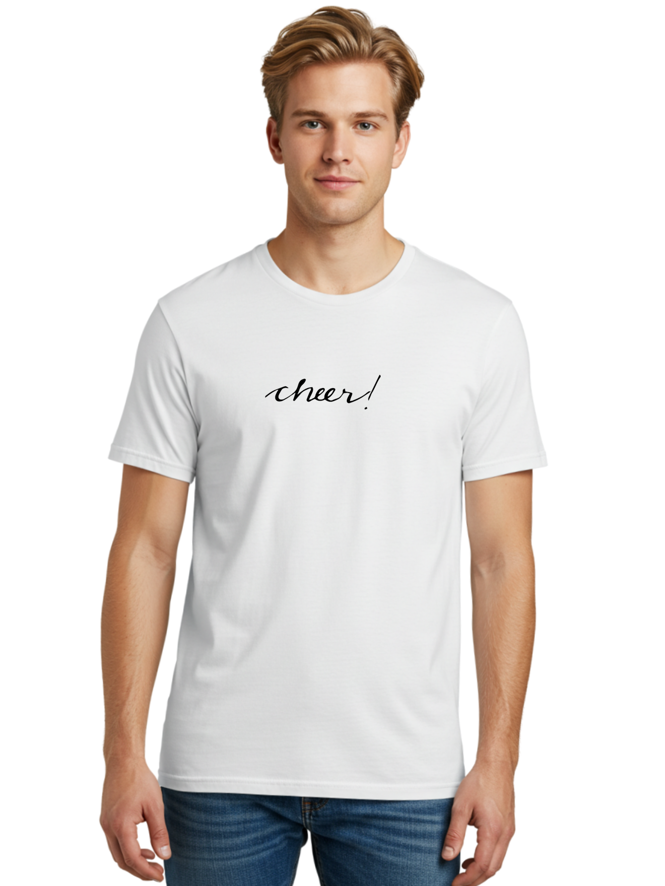 Cheer-5 Men'S Graphic Tee, 100% Cotton, Comfortable Casual Summer Wear, Machine Washable, Cheerful Vibes, Motivational Quote, Positive Message, Uplifting Text, Inspirational Words, Energetic Phrase, Cursive Script -  Aaa797