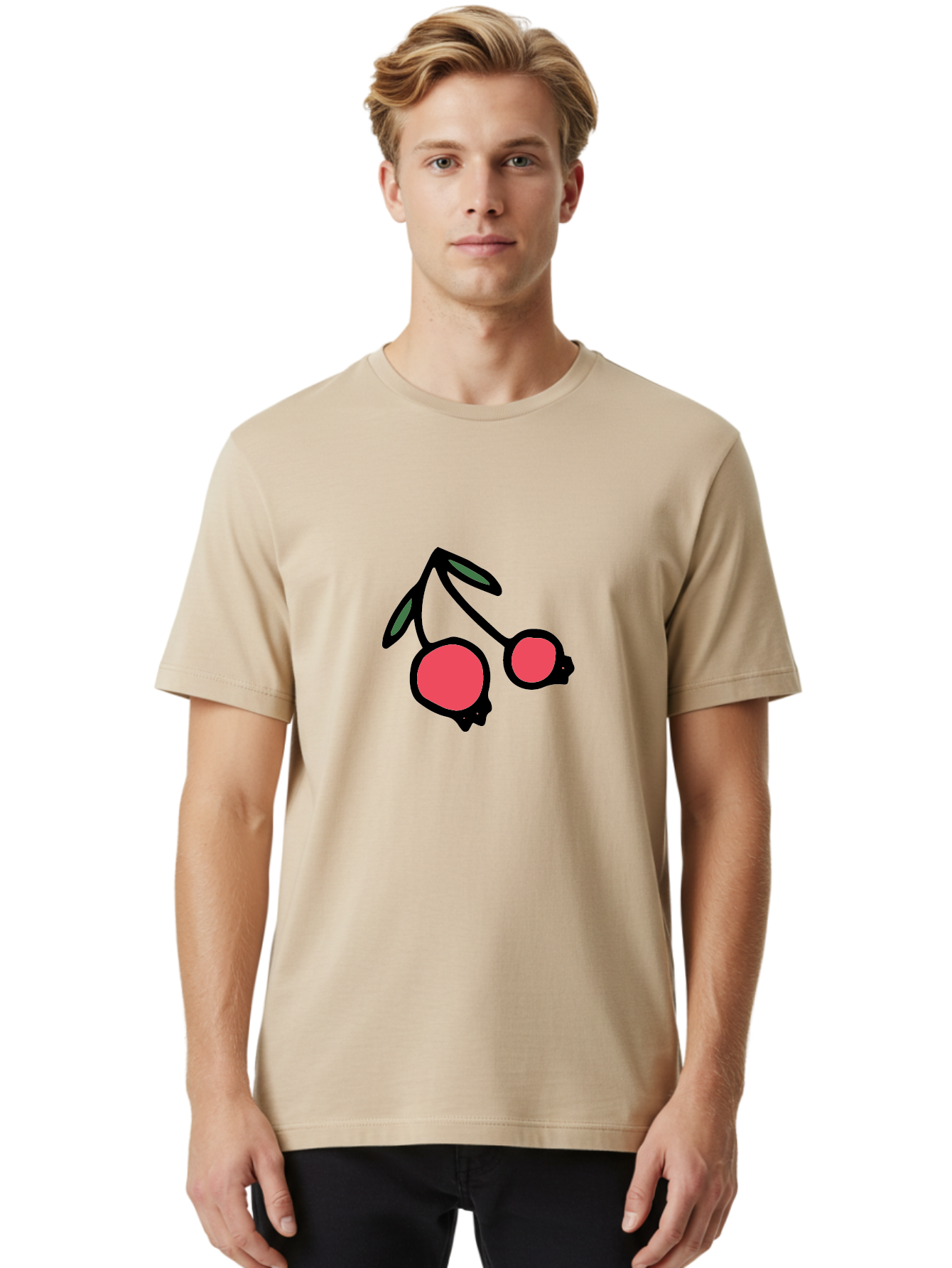 Cherry-Sunglasses Men'S Graphic Tee, 100% Cotton, Comfortable Casual Summer Wear, Machine Washable, Fun Sunglasses, Cherry Design, Playful Eyewear, Trendy Accessories, Stylish Shades, Cartoon Graphics, Retro Style, Fashion Statement -  Aaa800