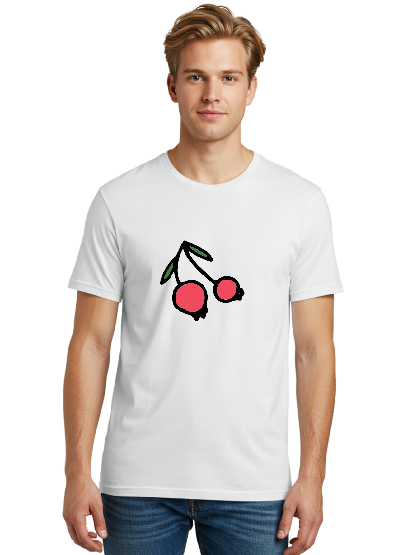 Cherry-Sunglasses Men'S Graphic Tee, 100% Cotton, Comfortable Casual Summer Wear, Machine Washable, Fun Sunglasses, Cherry Design, Playful Eyewear, Trendy Accessories, Stylish Shades, Cartoon Graphics, Retro Style, Fashion Statement -  Aaa800
