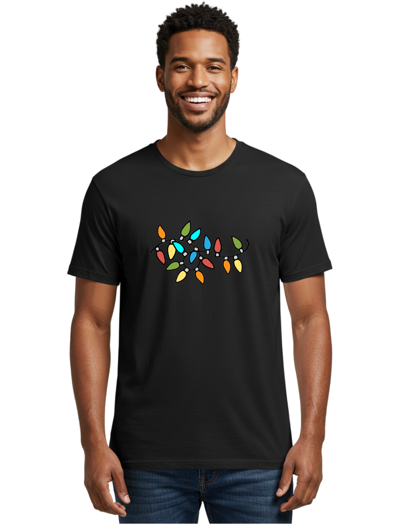 Christmas-Lights-1 Men'S Graphic Tee, 100% Cotton, Comfortable Casual Summer Wear, Machine Washable, Multicolored Christmas Lights, Festive Decorations, Holiday String Lights, Colorful Bulbs, Celebration Decoration, Party Lights -  Aaa807