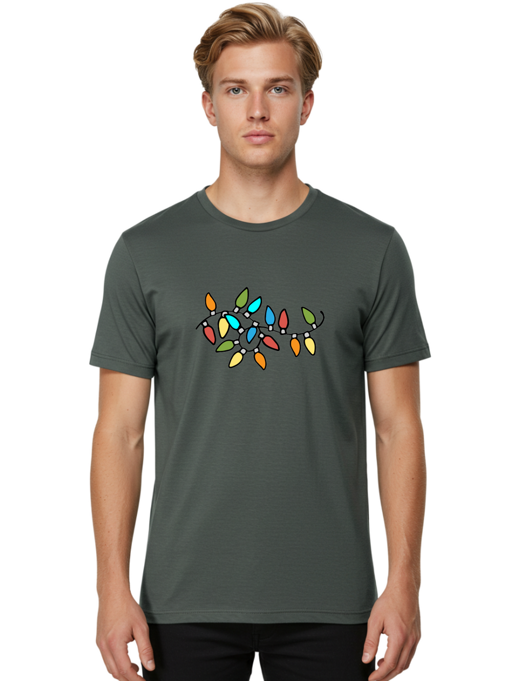 Christmas-Lights-1 Men'S Graphic Tee, 100% Cotton, Comfortable Casual Summer Wear, Machine Washable, Multicolored Christmas Lights, Festive Decorations, Holiday String Lights, Colorful Bulbs, Celebration Decoration, Party Lights -  Aaa807
