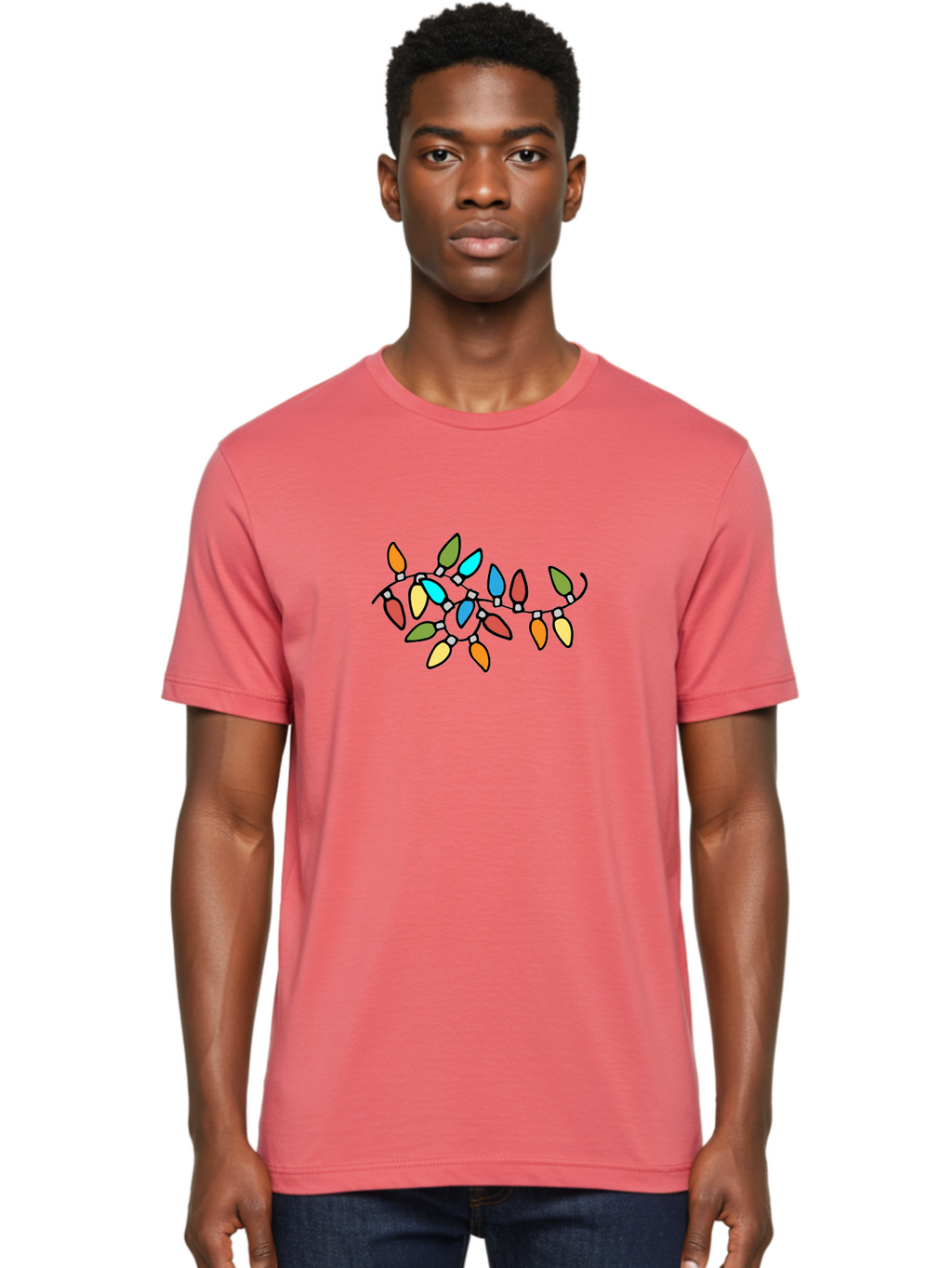 Christmas-Lights-1 Men'S Graphic Tee, 100% Cotton, Comfortable Casual Summer Wear, Machine Washable, Multicolored Christmas Lights, Festive Decorations, Holiday String Lights, Colorful Bulbs, Celebration Decoration, Party Lights -  Aaa807