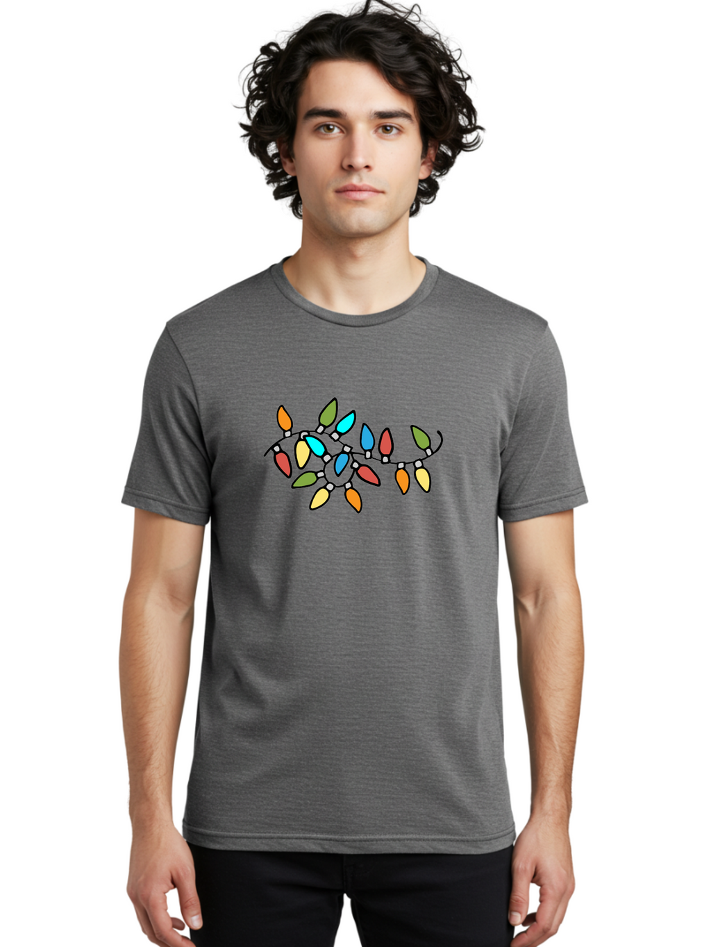 Christmas-Lights-1 Men'S Graphic Tee, 100% Cotton, Comfortable Casual Summer Wear, Machine Washable, Multicolored Christmas Lights, Festive Decorations, Holiday String Lights, Colorful Bulbs, Celebration Decoration, Party Lights -  Aaa807