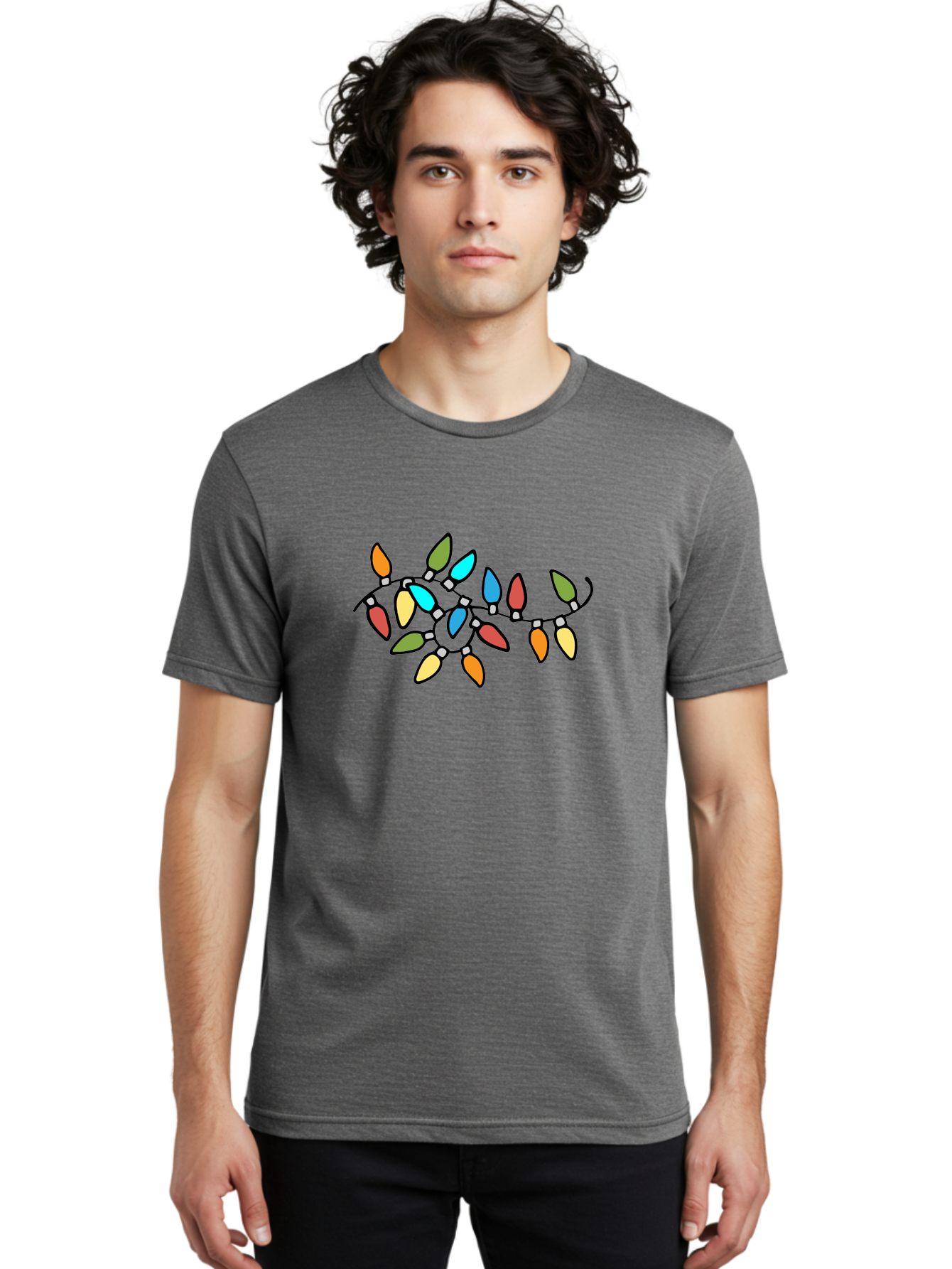 Christmas-Lights-1 Men'S Graphic Tee, 100% Cotton, Comfortable Casual Summer Wear, Machine Washable, Multicolored Christmas Lights, Festive Decorations, Holiday String Lights, Colorful Bulbs, Celebration Decoration, Party Lights -  Aaa807
