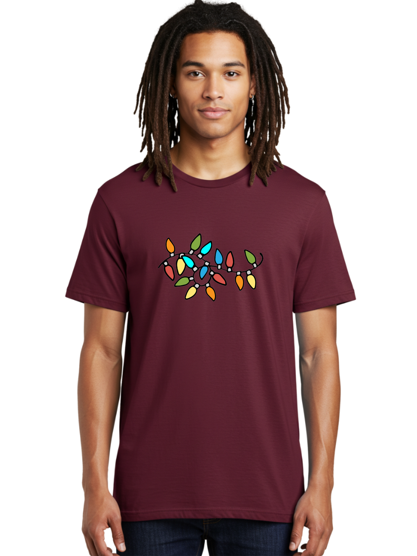 Christmas-Lights-1 Men'S Graphic Tee, 100% Cotton, Comfortable Casual Summer Wear, Machine Washable, Multicolored Christmas Lights, Festive Decorations, Holiday String Lights, Colorful Bulbs, Celebration Decoration, Party Lights -  Aaa807