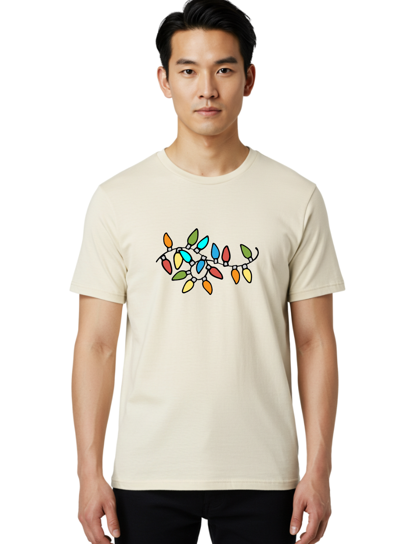 Christmas-Lights-1 Men'S Graphic Tee, 100% Cotton, Comfortable Casual Summer Wear, Machine Washable, Multicolored Christmas Lights, Festive Decorations, Holiday String Lights, Colorful Bulbs, Celebration Decoration, Party Lights -  Aaa807