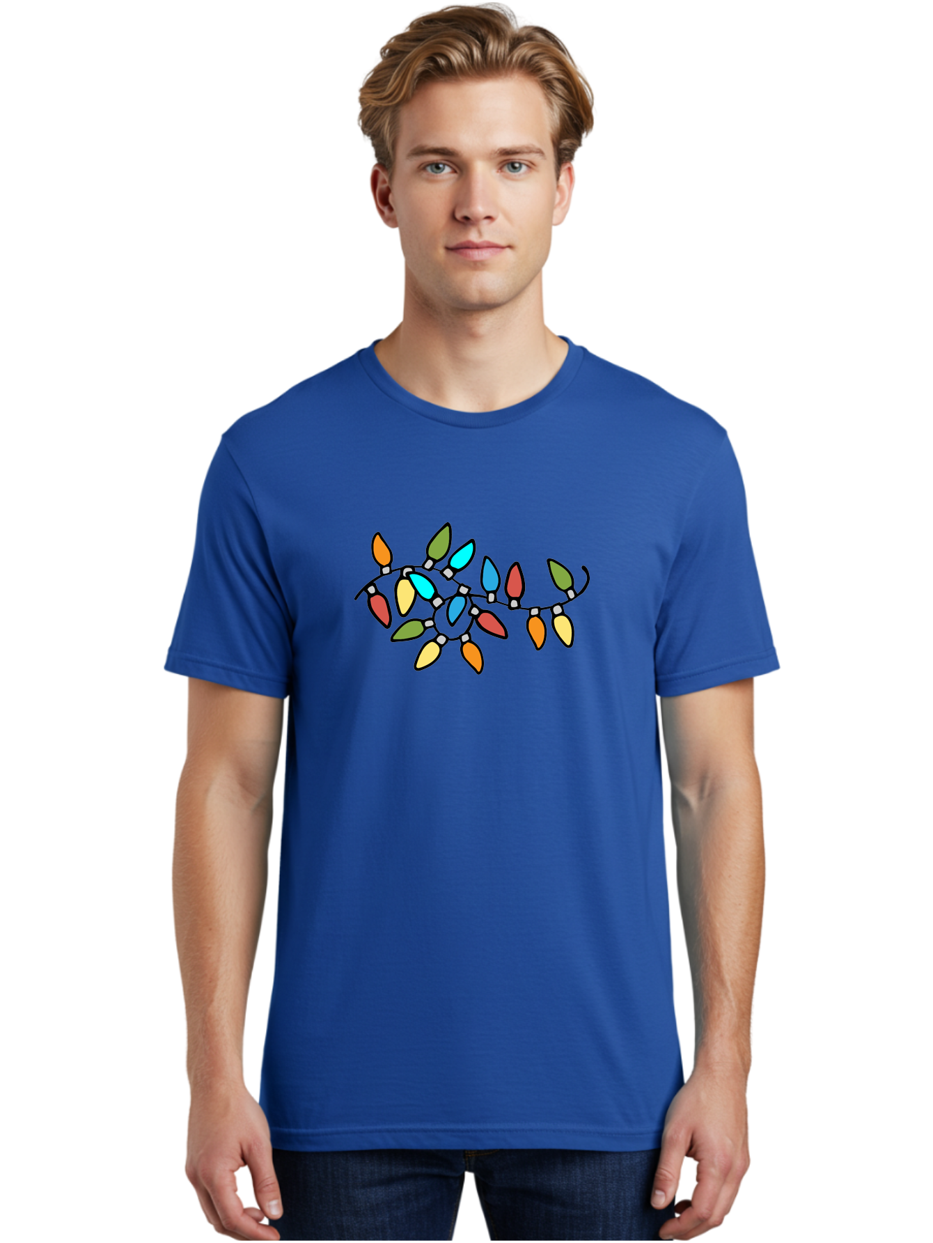 Christmas-Lights-1 Men'S Graphic Tee, 100% Cotton, Comfortable Casual Summer Wear, Machine Washable, Multicolored Christmas Lights, Festive Decorations, Holiday String Lights, Colorful Bulbs, Celebration Decoration, Party Lights -  Aaa807
