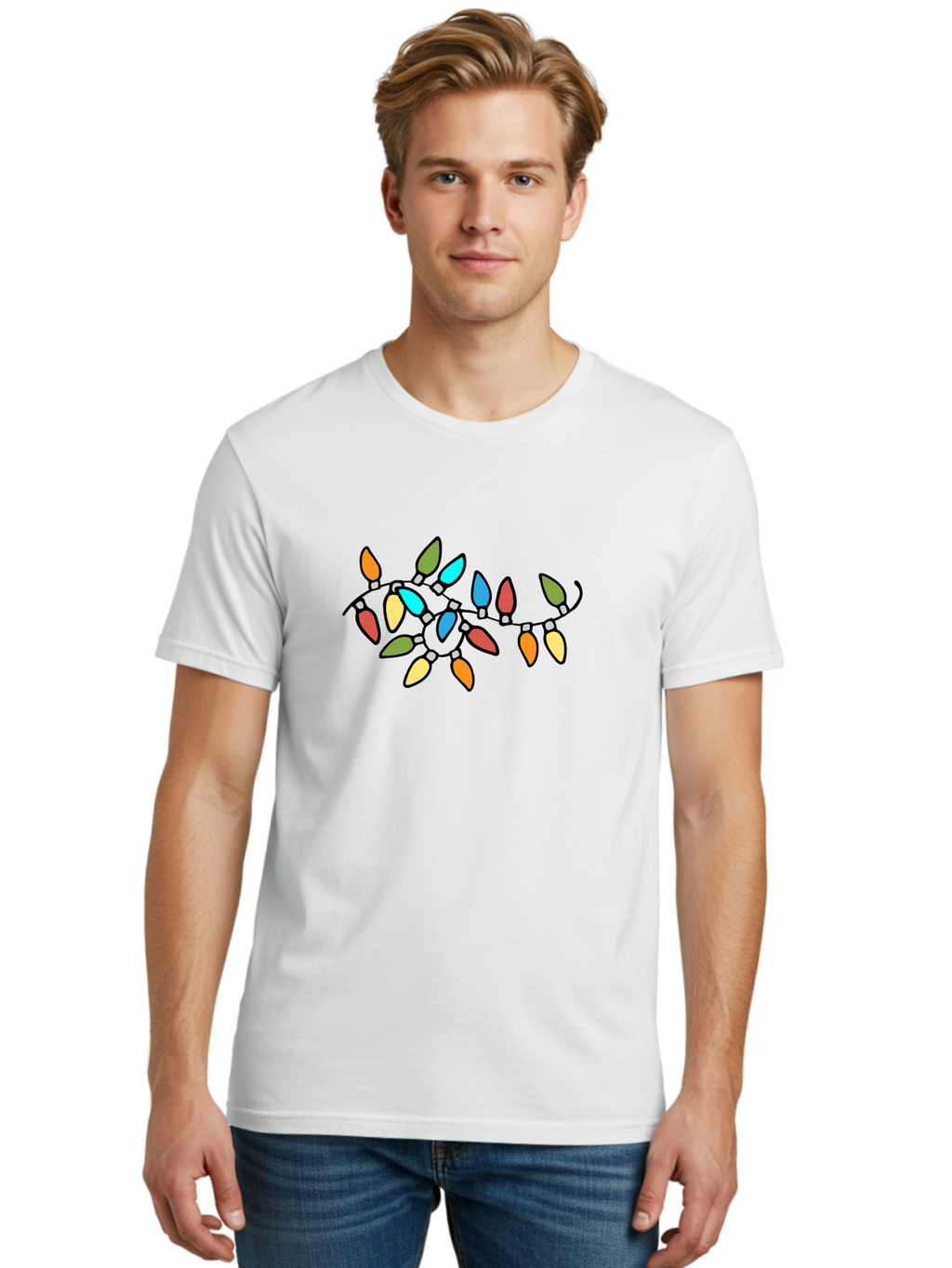 Christmas-Lights-1 Men'S Graphic Tee, 100% Cotton, Comfortable Casual Summer Wear, Machine Washable, Multicolored Christmas Lights, Festive Decorations, Holiday String Lights, Colorful Bulbs, Celebration Decoration, Party Lights -  Aaa807