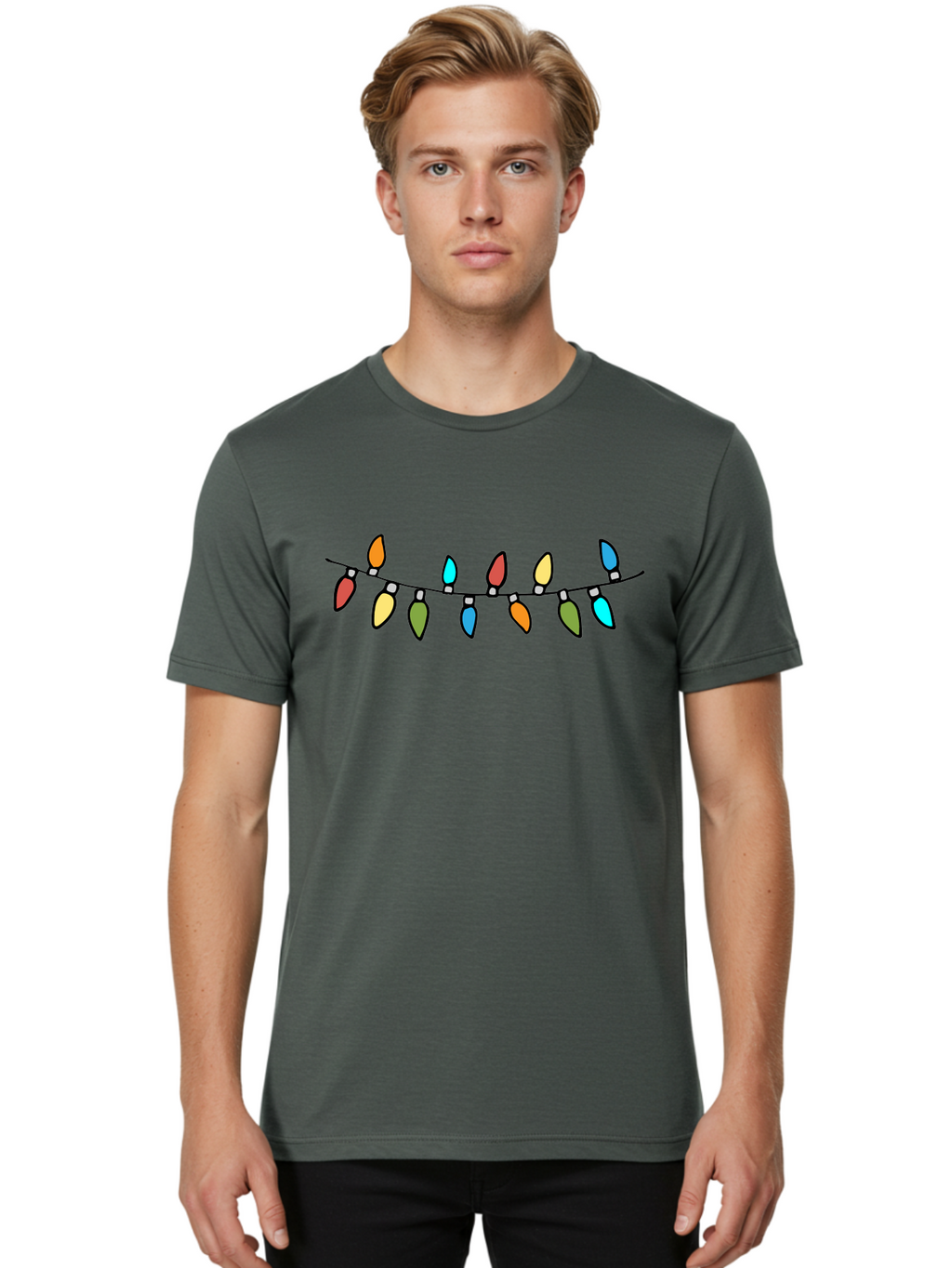 Christmas-Lights Men'S Graphic Tee, 100% Cotton, Comfortable Casual Summer Wear, Machine Washable, Christmas Lights, String Lights, Holiday Decorations, Festive Colors, Red, Orange, Yellow, Blue, Green, Celebration -  Aaa808