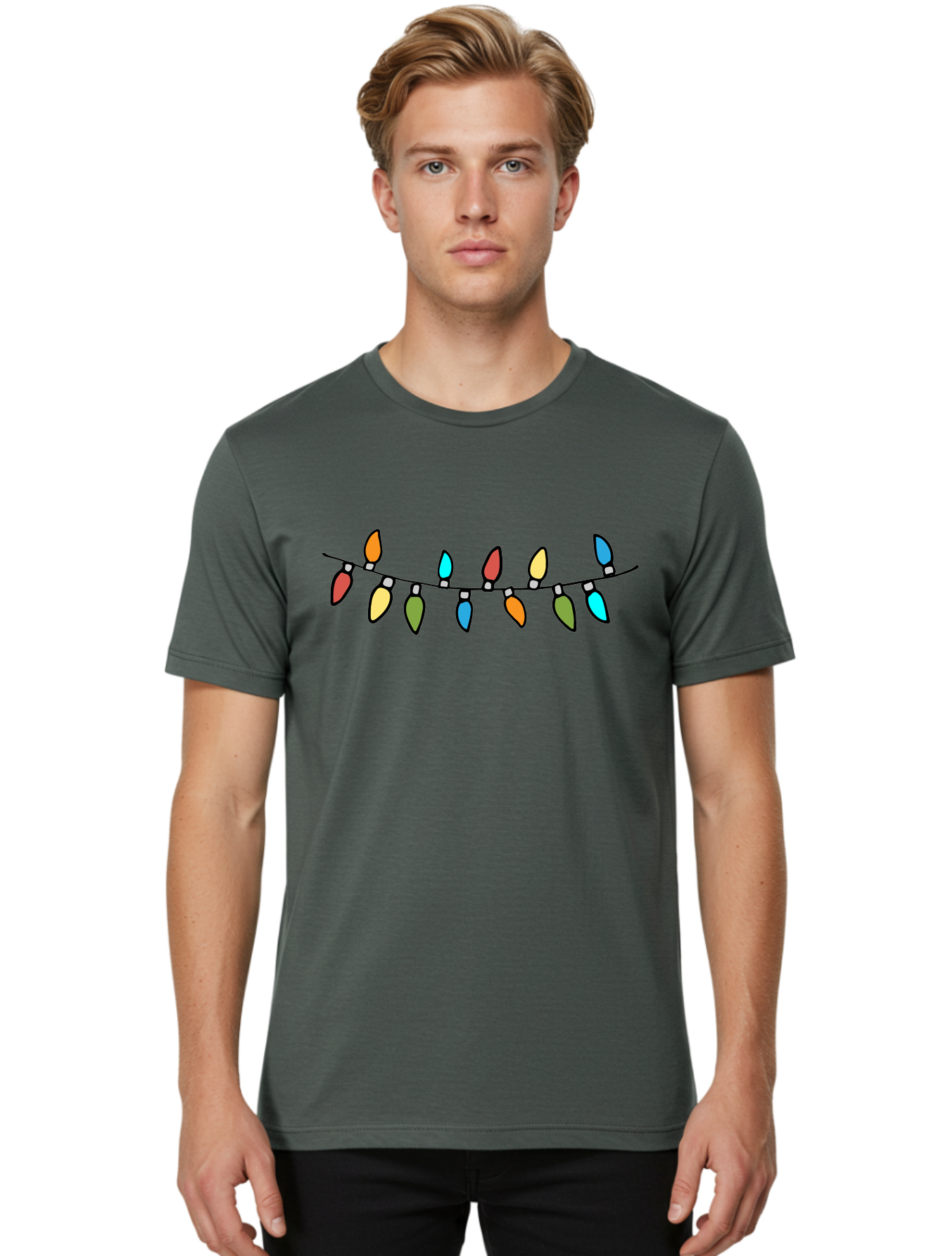 Christmas-Lights Men'S Graphic Tee, 100% Cotton, Comfortable Casual Summer Wear, Machine Washable, Christmas Lights, String Lights, Holiday Decorations, Festive Colors, Red, Orange, Yellow, Blue, Green, Celebration -  Aaa808