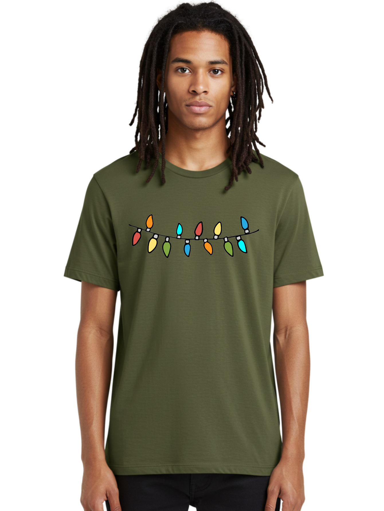 Christmas-Lights Men'S Graphic Tee, 100% Cotton, Comfortable Casual Summer Wear, Machine Washable, Christmas Lights, String Lights, Holiday Decorations, Festive Colors, Red, Orange, Yellow, Blue, Green, Celebration -  Aaa808