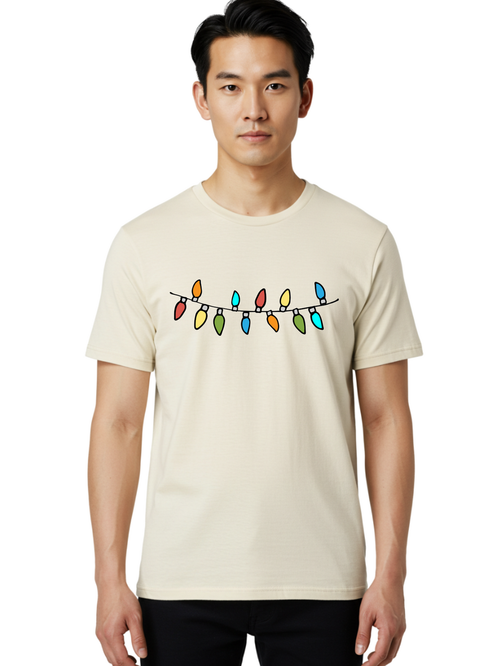 Christmas-Lights Men'S Graphic Tee, 100% Cotton, Comfortable Casual Summer Wear, Machine Washable, Christmas Lights, String Lights, Holiday Decorations, Festive Colors, Red, Orange, Yellow, Blue, Green, Celebration -  Aaa808