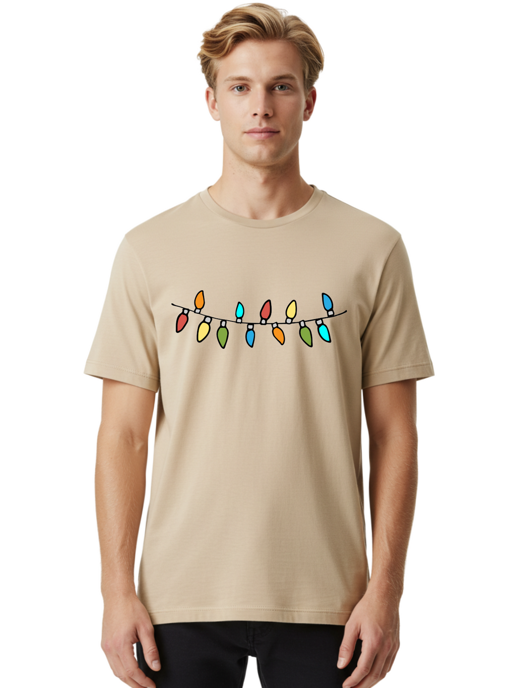 Christmas-Lights Men'S Graphic Tee, 100% Cotton, Comfortable Casual Summer Wear, Machine Washable, Christmas Lights, String Lights, Holiday Decorations, Festive Colors, Red, Orange, Yellow, Blue, Green, Celebration -  Aaa808