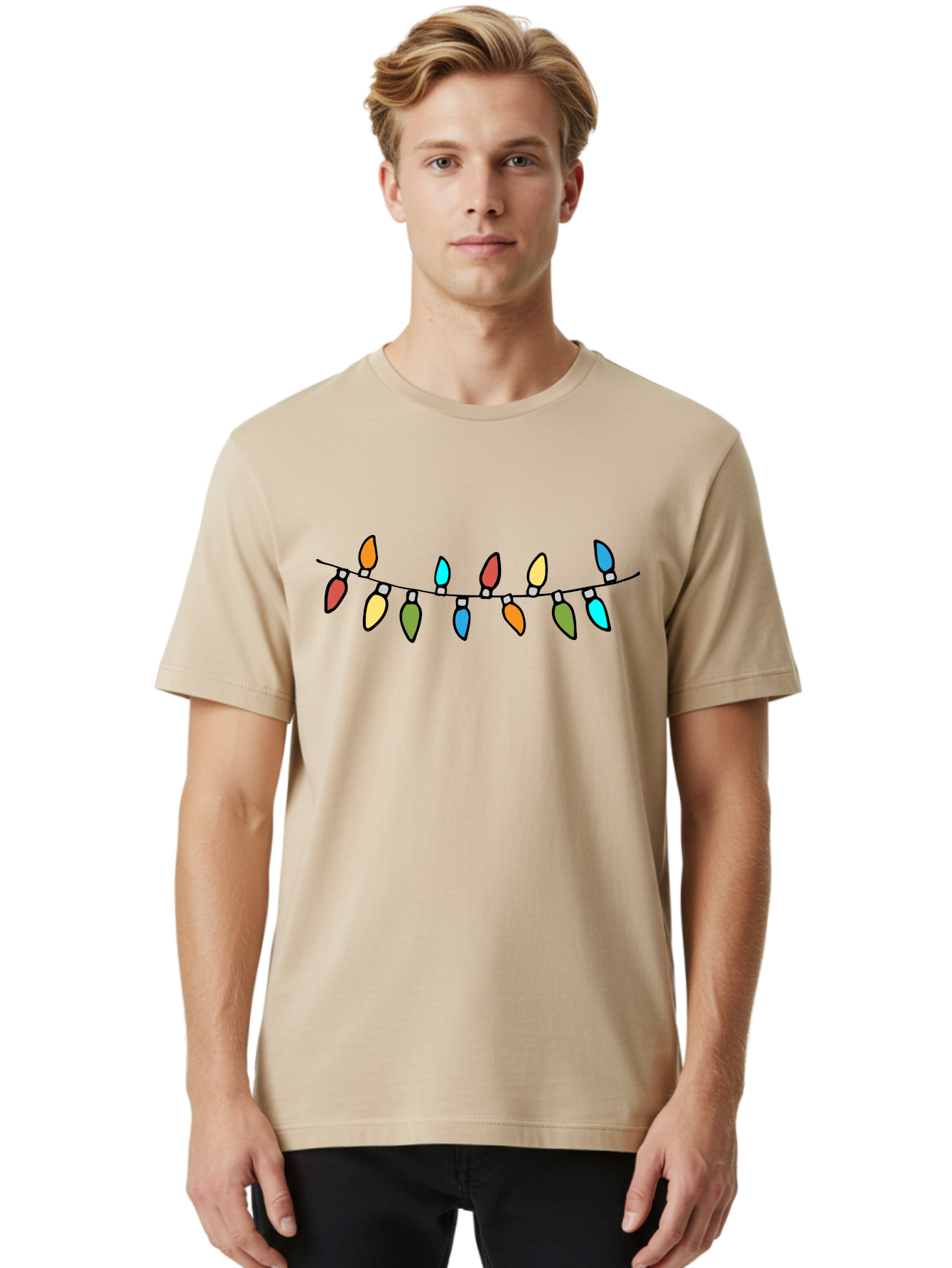 Christmas-Lights Men'S Graphic Tee, 100% Cotton, Comfortable Casual Summer Wear, Machine Washable, Christmas Lights, String Lights, Holiday Decorations, Festive Colors, Red, Orange, Yellow, Blue, Green, Celebration -  Aaa808