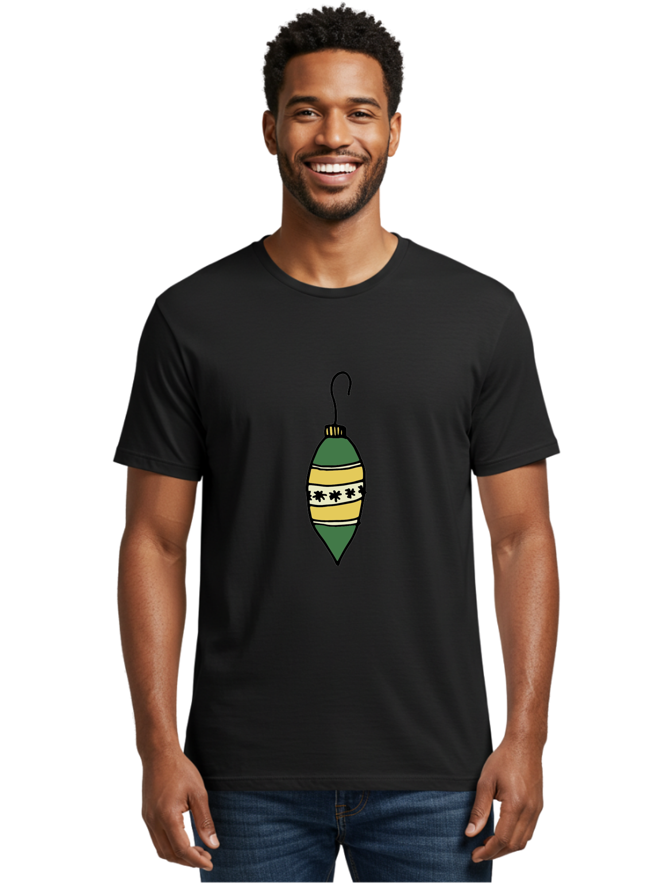 Christmas-Ornament-1 Men'S Graphic Tee, 100% Cotton, Comfortable Casual Summer Wear, Machine Washable, Christmas Decoration, Festive Ornament, Holiday Decor, Green And Yellow Bauble, Striped Pattern, Floral Design, Hanging Decoration, -  Aaa809