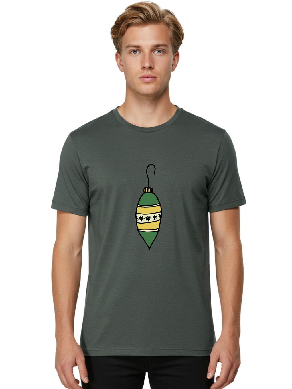 Christmas-Ornament-1 Men'S Graphic Tee, 100% Cotton, Comfortable Casual Summer Wear, Machine Washable, Christmas Decoration, Festive Ornament, Holiday Decor, Green And Yellow Bauble, Striped Pattern, Floral Design, Hanging Decoration, -  Aaa809