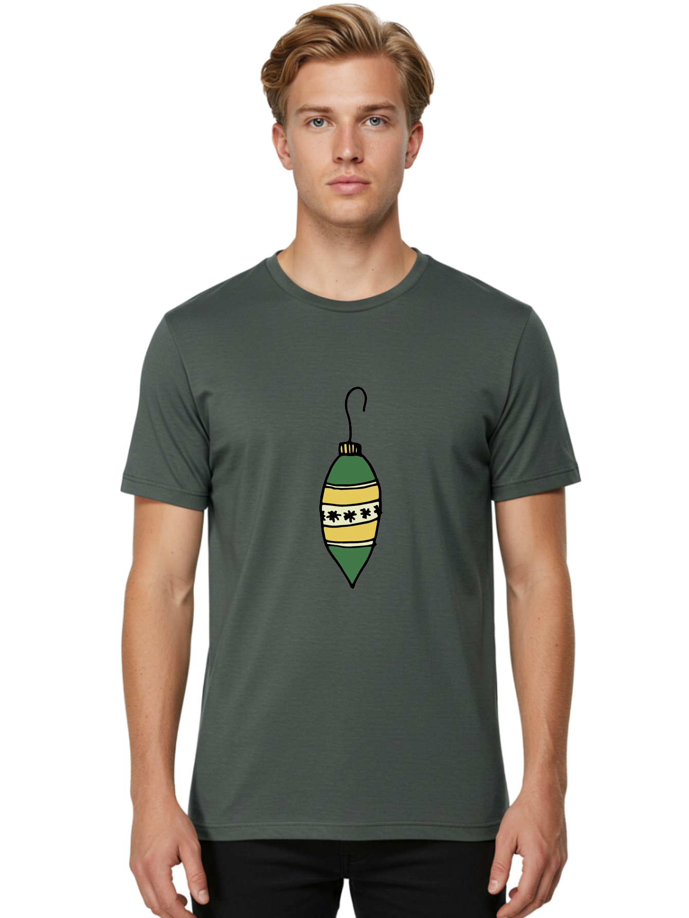 Christmas-Ornament-1 Men'S Graphic Tee, 100% Cotton, Comfortable Casual Summer Wear, Machine Washable, Christmas Decoration, Festive Ornament, Holiday Decor, Green And Yellow Bauble, Striped Pattern, Floral Design, Hanging Decoration, -  Aaa809