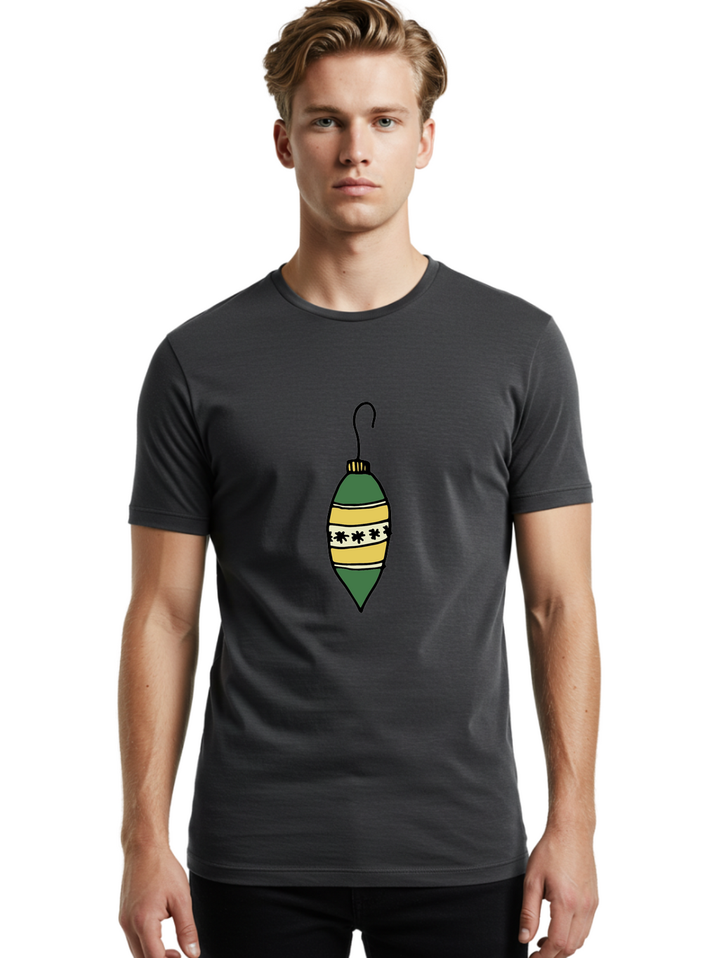 Christmas-Ornament-1 Men'S Graphic Tee, 100% Cotton, Comfortable Casual Summer Wear, Machine Washable, Christmas Decoration, Festive Ornament, Holiday Decor, Green And Yellow Bauble, Striped Pattern, Floral Design, Hanging Decoration, -  Aaa809