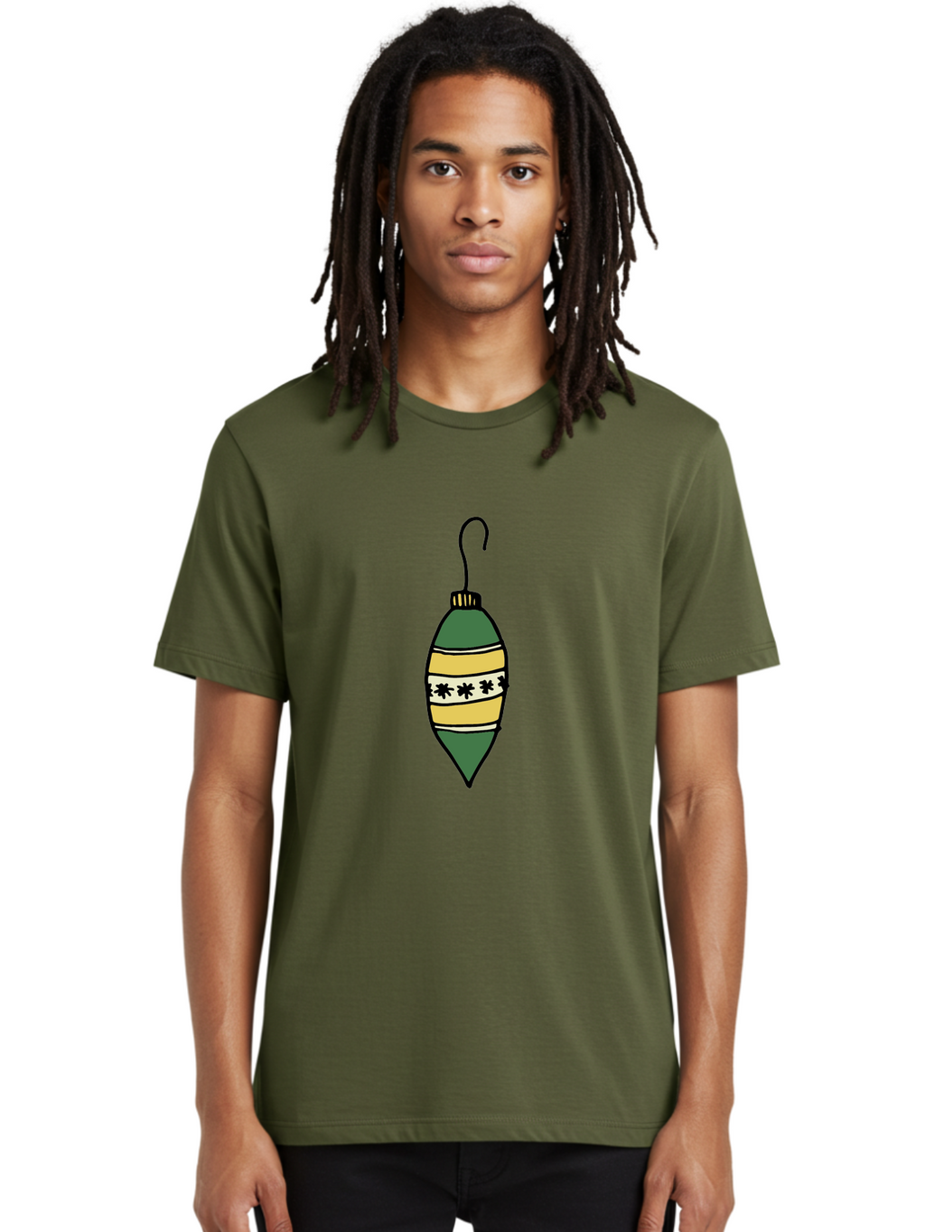 Christmas-Ornament-1 Men'S Graphic Tee, 100% Cotton, Comfortable Casual Summer Wear, Machine Washable, Christmas Decoration, Festive Ornament, Holiday Decor, Green And Yellow Bauble, Striped Pattern, Floral Design, Hanging Decoration, -  Aaa809